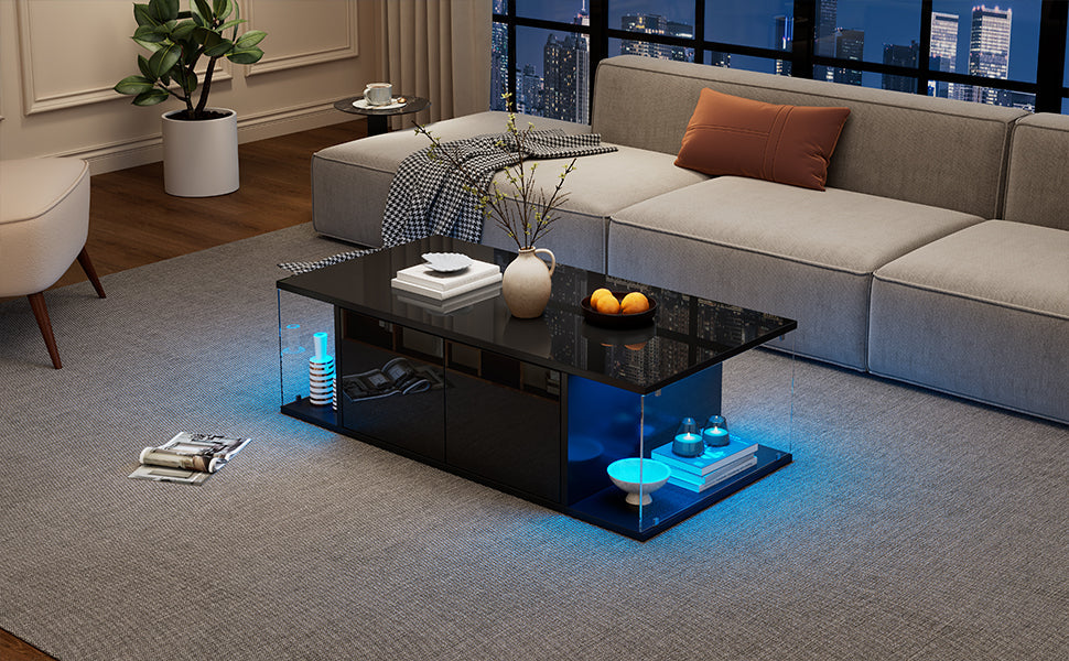 Logidon salontafel 100x50x30 cm zwart hoogglans LED 2 kasten