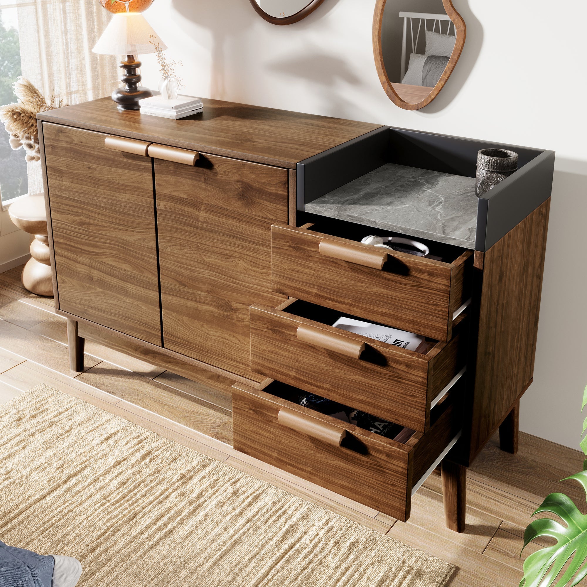 Logidon woonkamer ladekast eiken decor marmerlook blad 3 lades