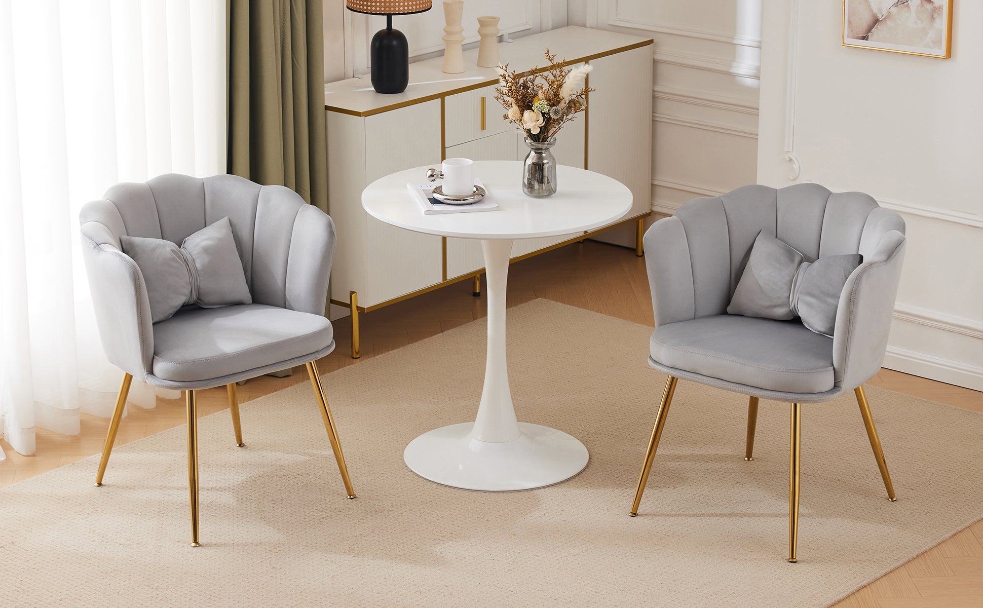 Logidon Set of 2 Modern Velvet Chairs with Flower Backs Gray Gold Legs