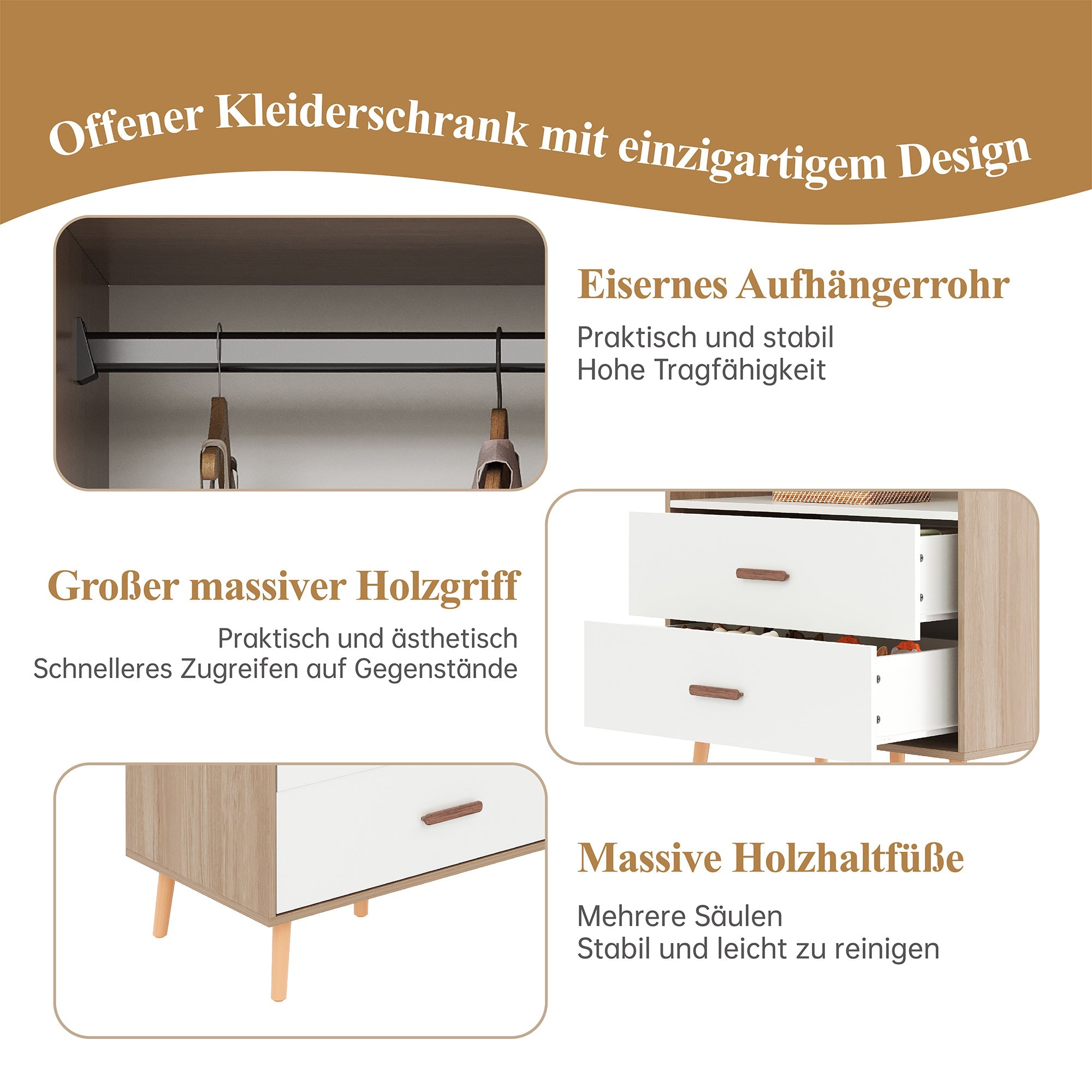 Logidon Children's Wardrobe Sliding Door Open Wardrobe White Natural Wood 141.5 cm