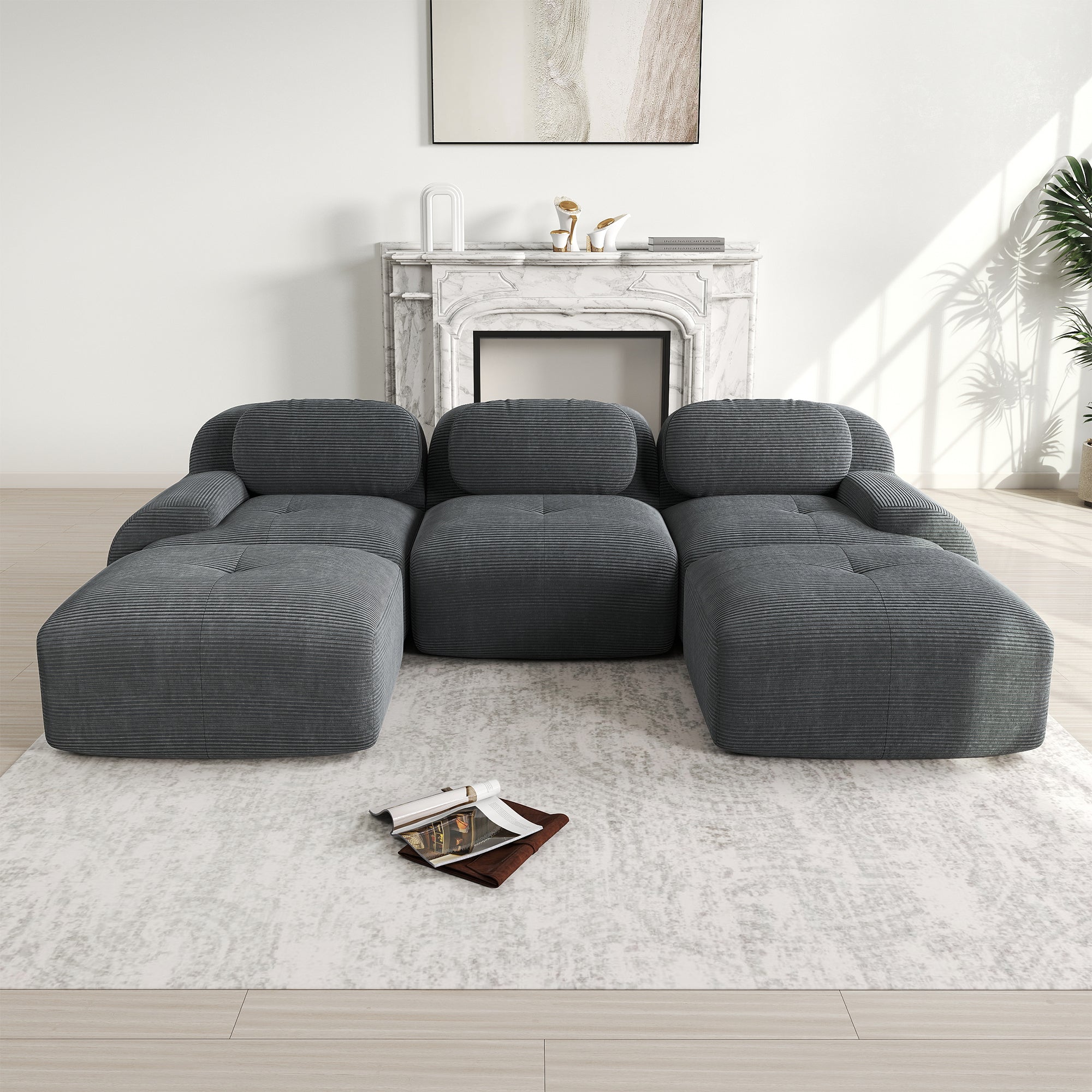 Logidon Modular U Sofa Cord Fabric Gray Non-Slip Pet Friendly