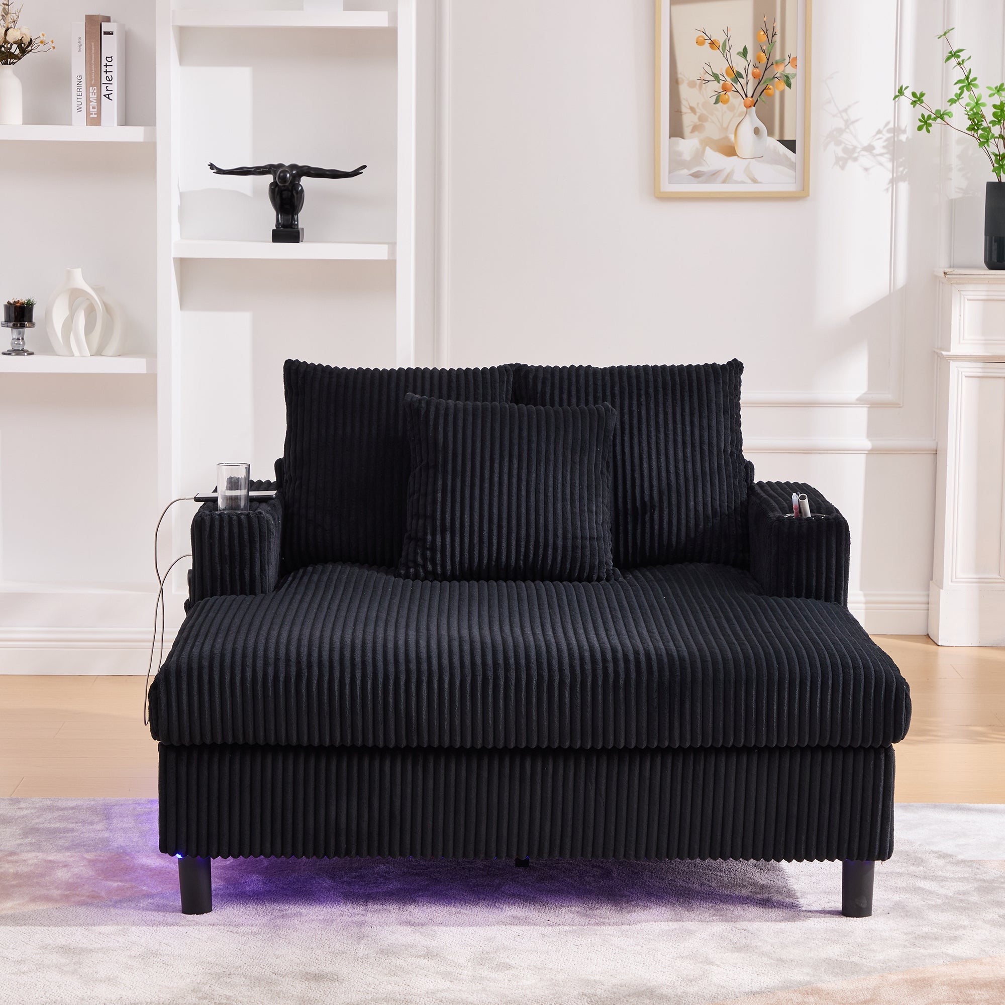 Logidon Velvet Chaise Longue Zwart met USB-oplaadpunten en LED-verlichting