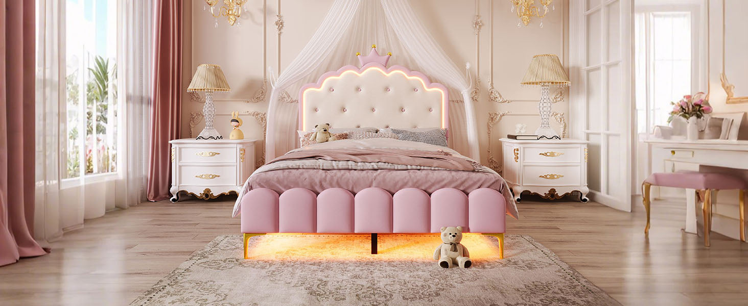 Logidon gestoffeerd bed 140x200 roze met lattenbodem LED-verlichting