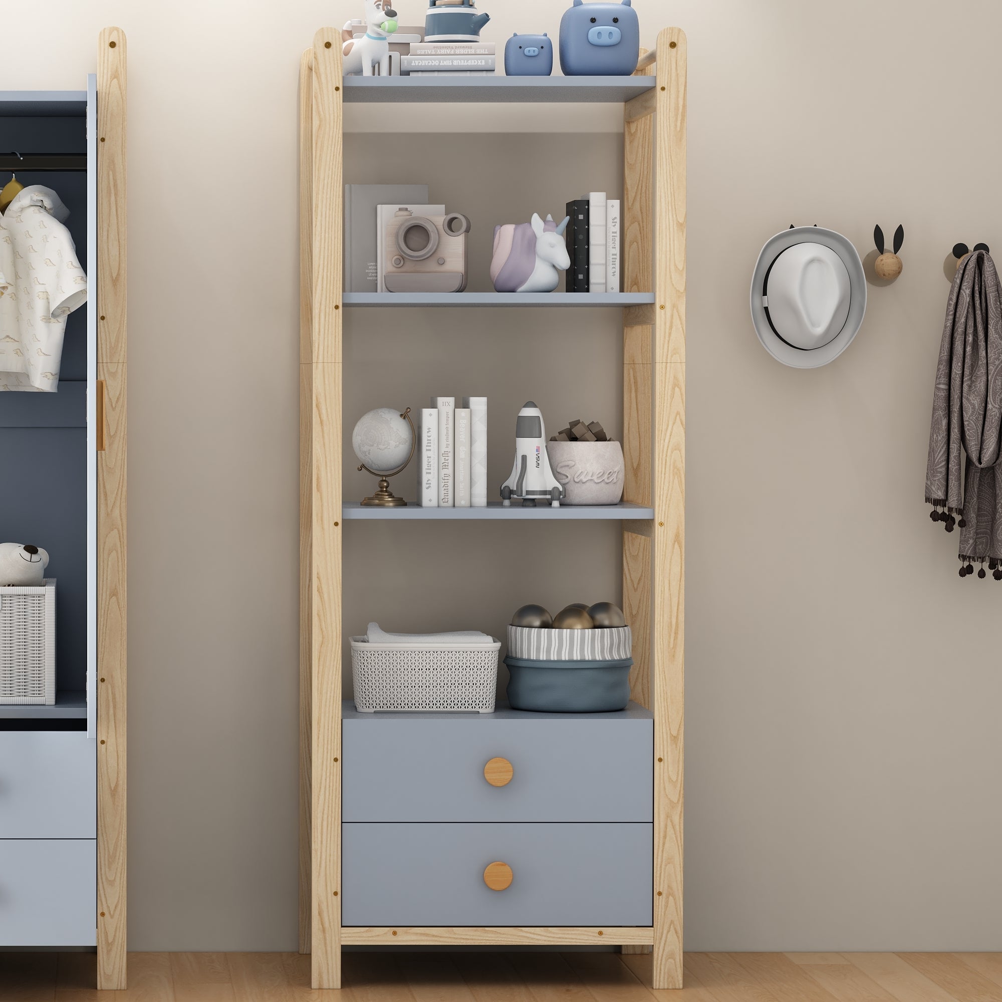 Logidon staande plank blauw naturel hout 2 lades 4 niveaus 70x44x180