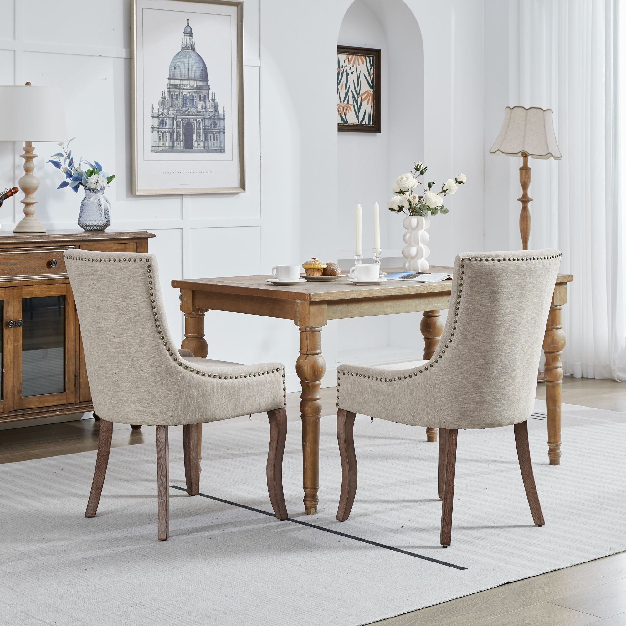 Logidon Ultra Side Dining Chair Beige Set Of 2 Bronze Nail Studs