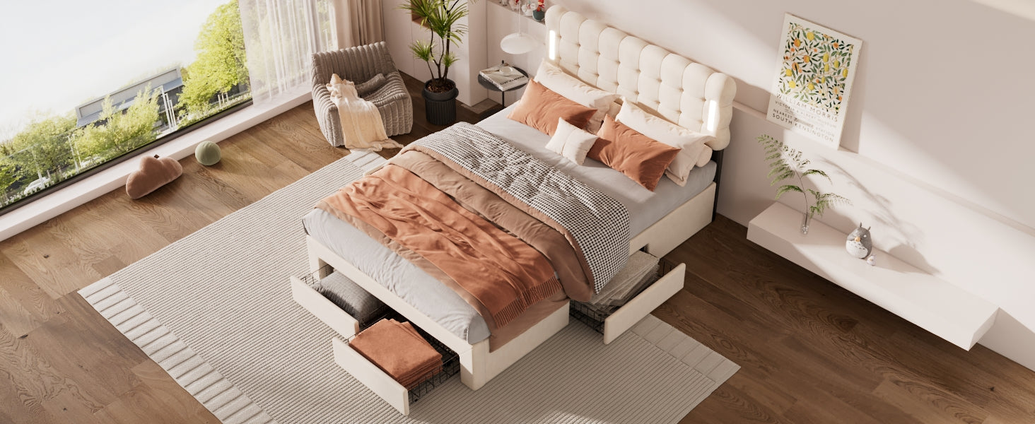 Logidon Flat Bed 140x200 Beige Velvet With Lighting And 4 Drawers