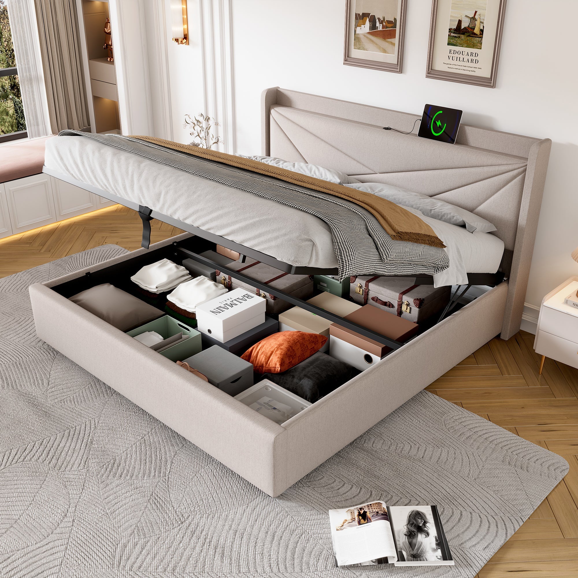 Logidon gestoffeerd bed 160x200 beige met USB Type C oplaadfunctie opbergruimte