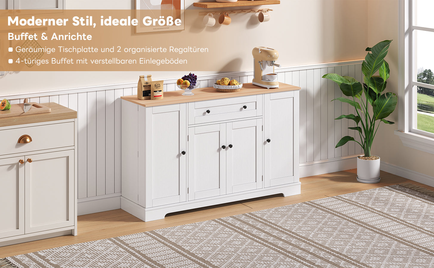 Logidon keukenbuffet 138 cm witte multifunctionele ladedeuren