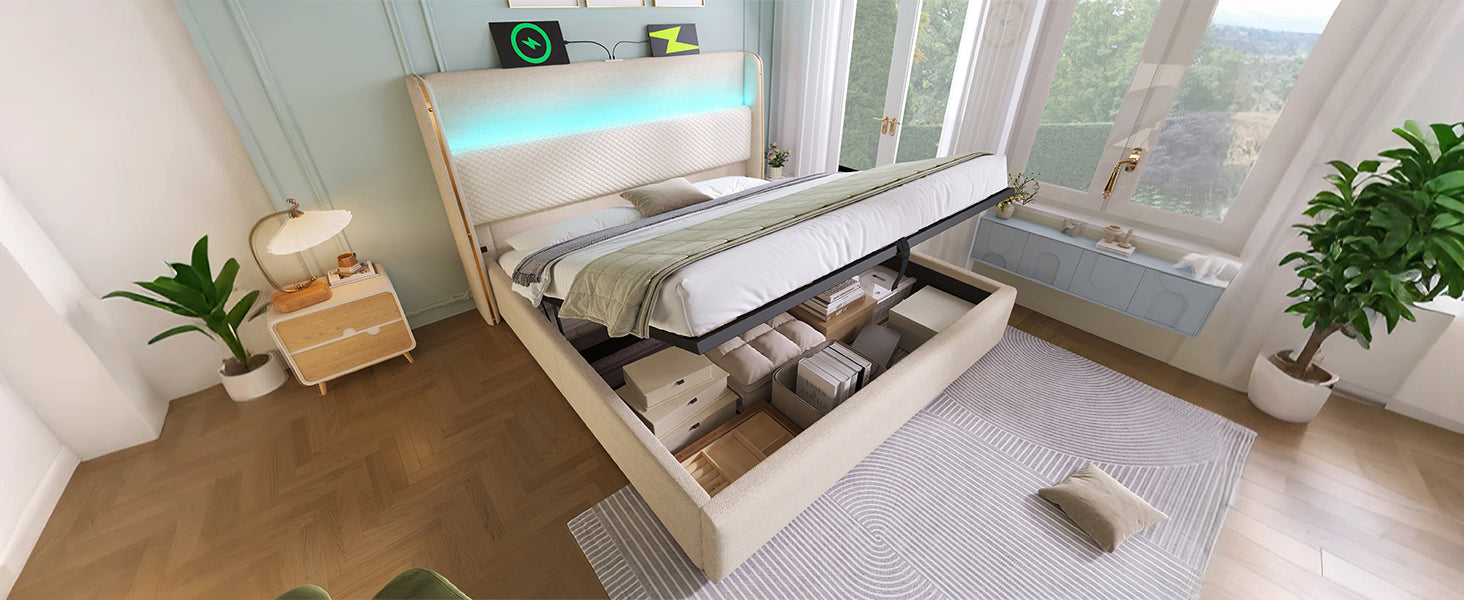 Logidon hydraulisch bed 140x200 beige linnenlook met LED
