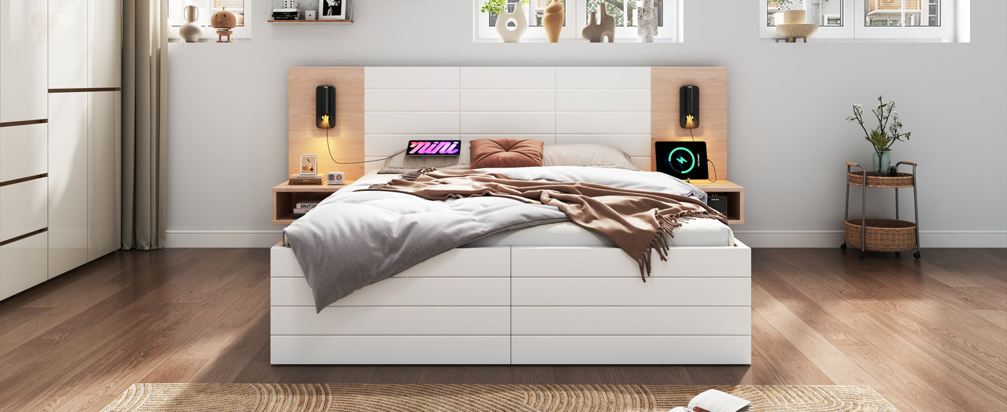 Logidon tweepersoonsbed 140x200 met leeslamp USB 2 laden eiken wit