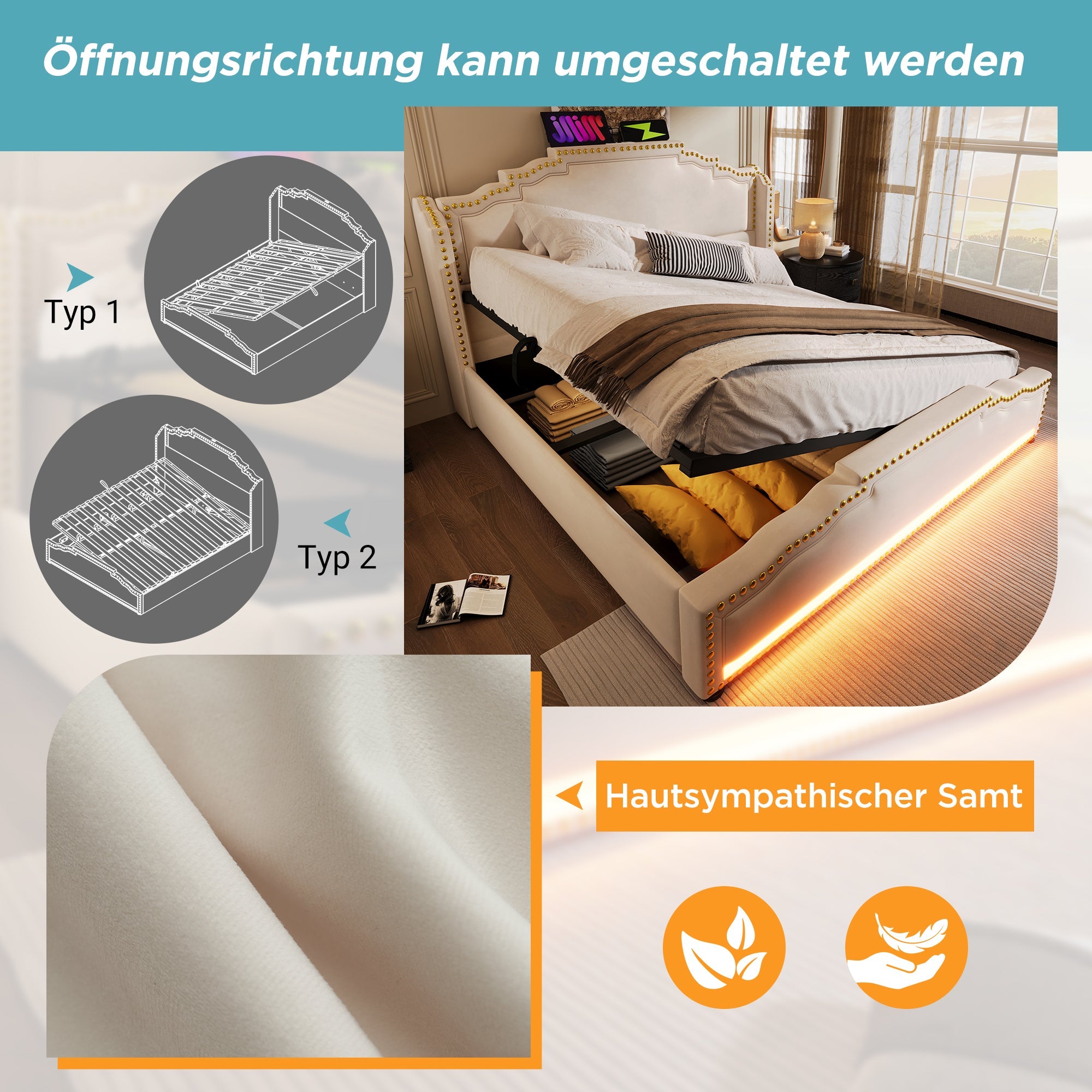 Logidon gestoffeerd bed 140x200 beige met opbergruimte LED USB-C