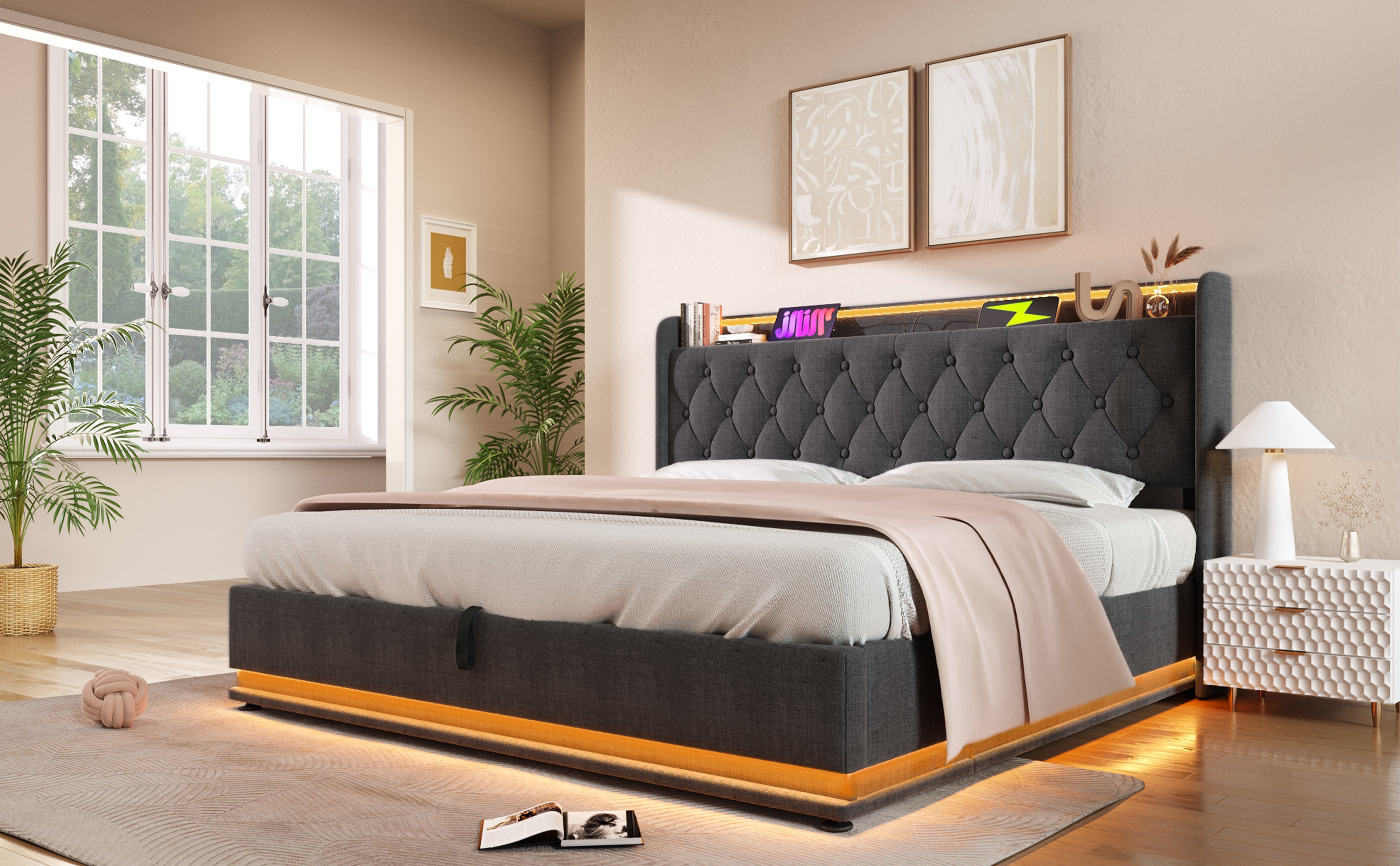 Logidon gestoffeerd bed tweepersoonsbed 180x200 cm grijs linnen LED-verlichting USB C