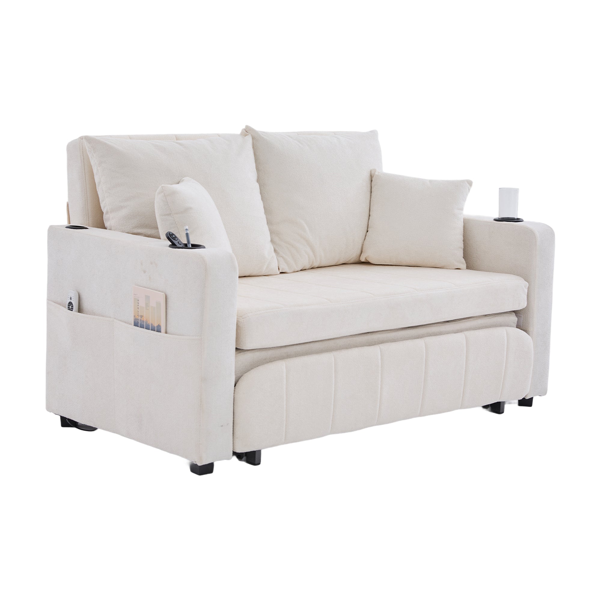 Logidon Beige Fluweel Multifunctionele Stoffen Bank Uitschuifbaar USB