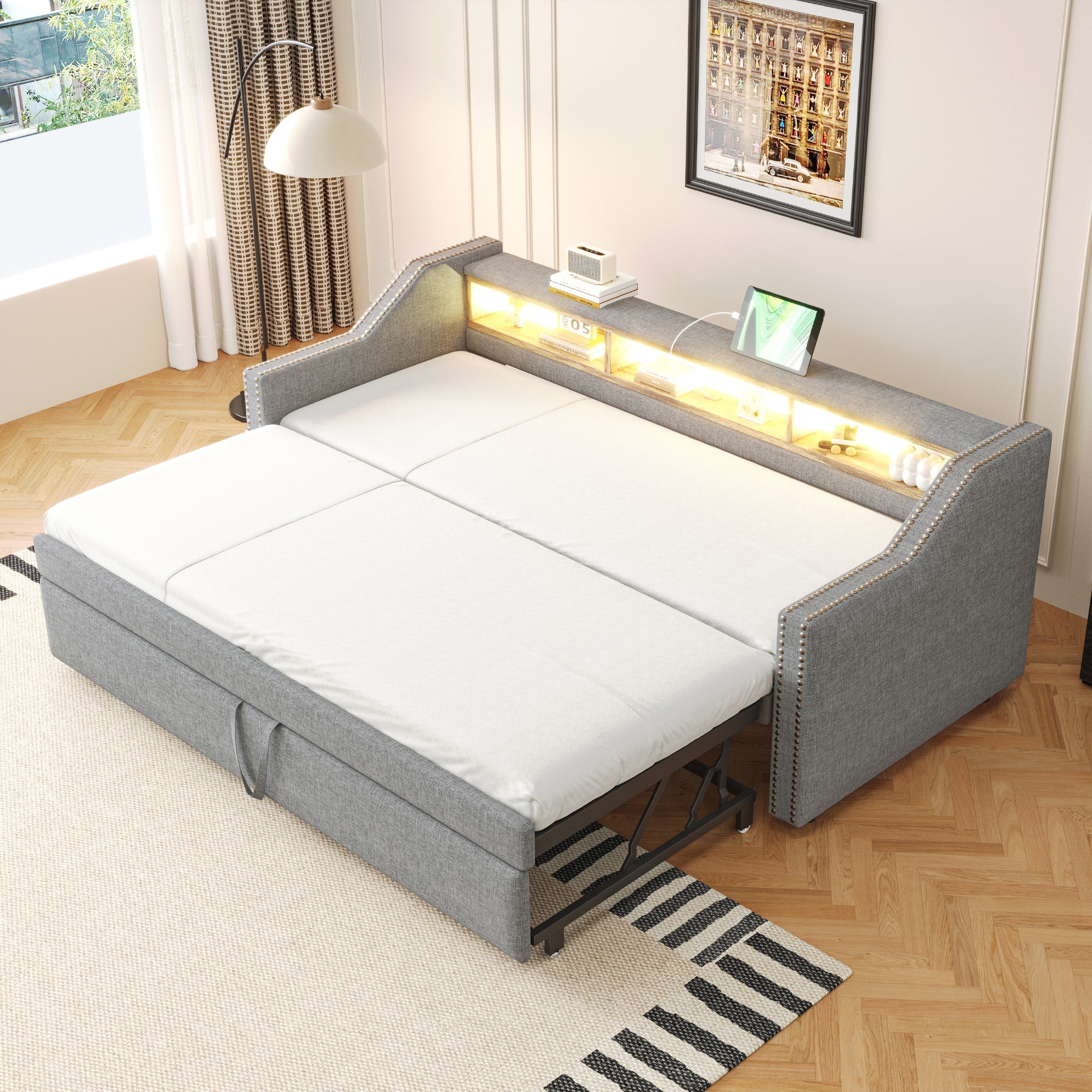 Logidon upholstered bed pull-out sofa bed 90/180 x 190 cm light gray storage compartment