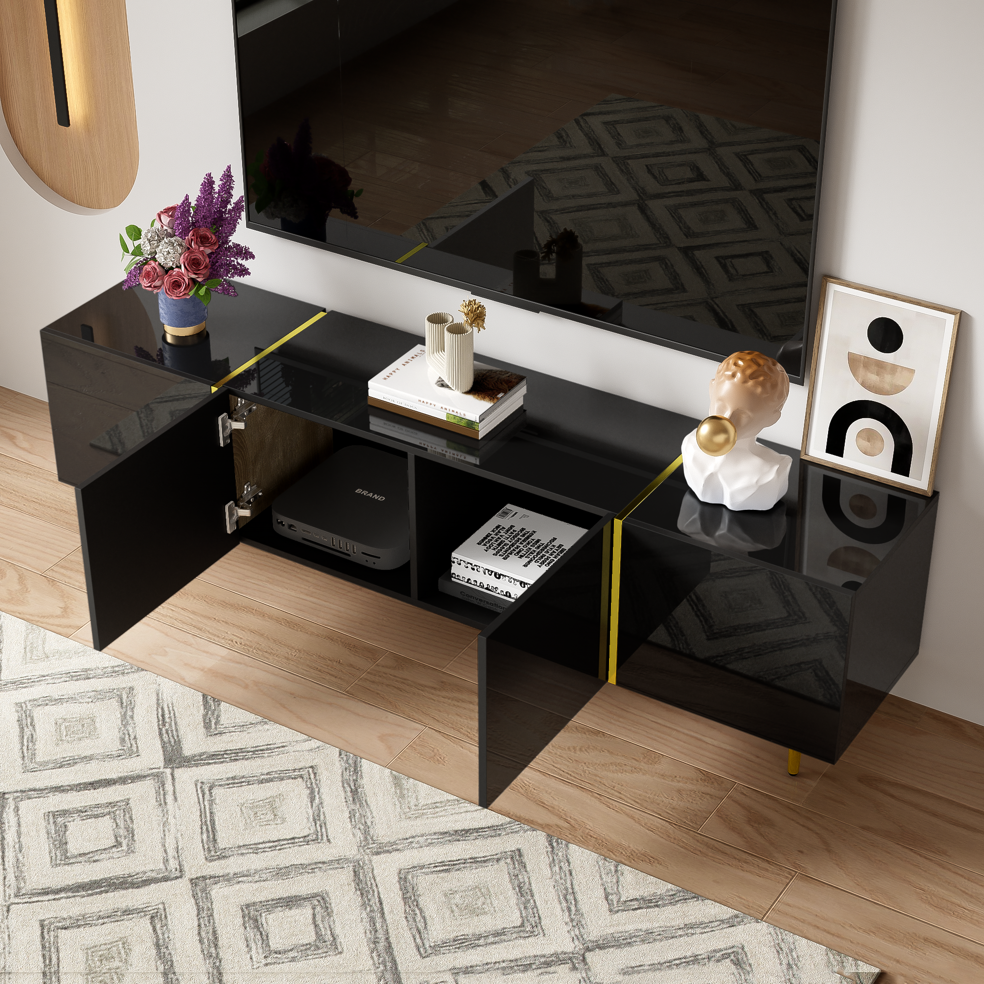 Logidon high-gloss TV cabinet 170 cm black-gold, 4 doors, modern