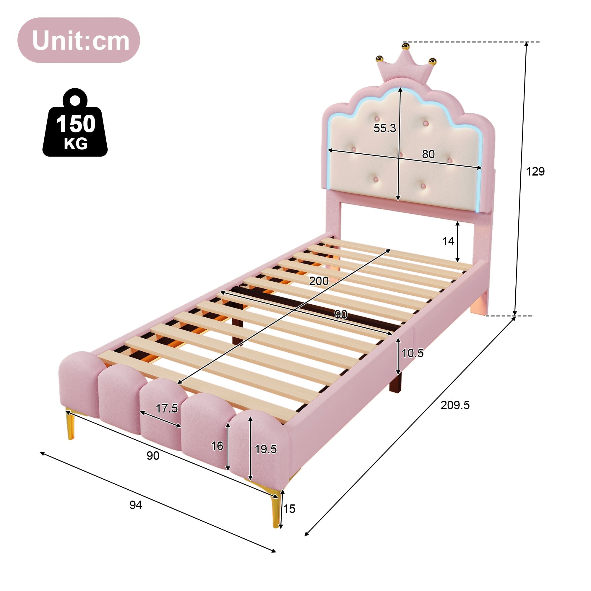 Logidon gestoffeerd bed 90x200 kroonprinsesvorm roze met lattenbodem