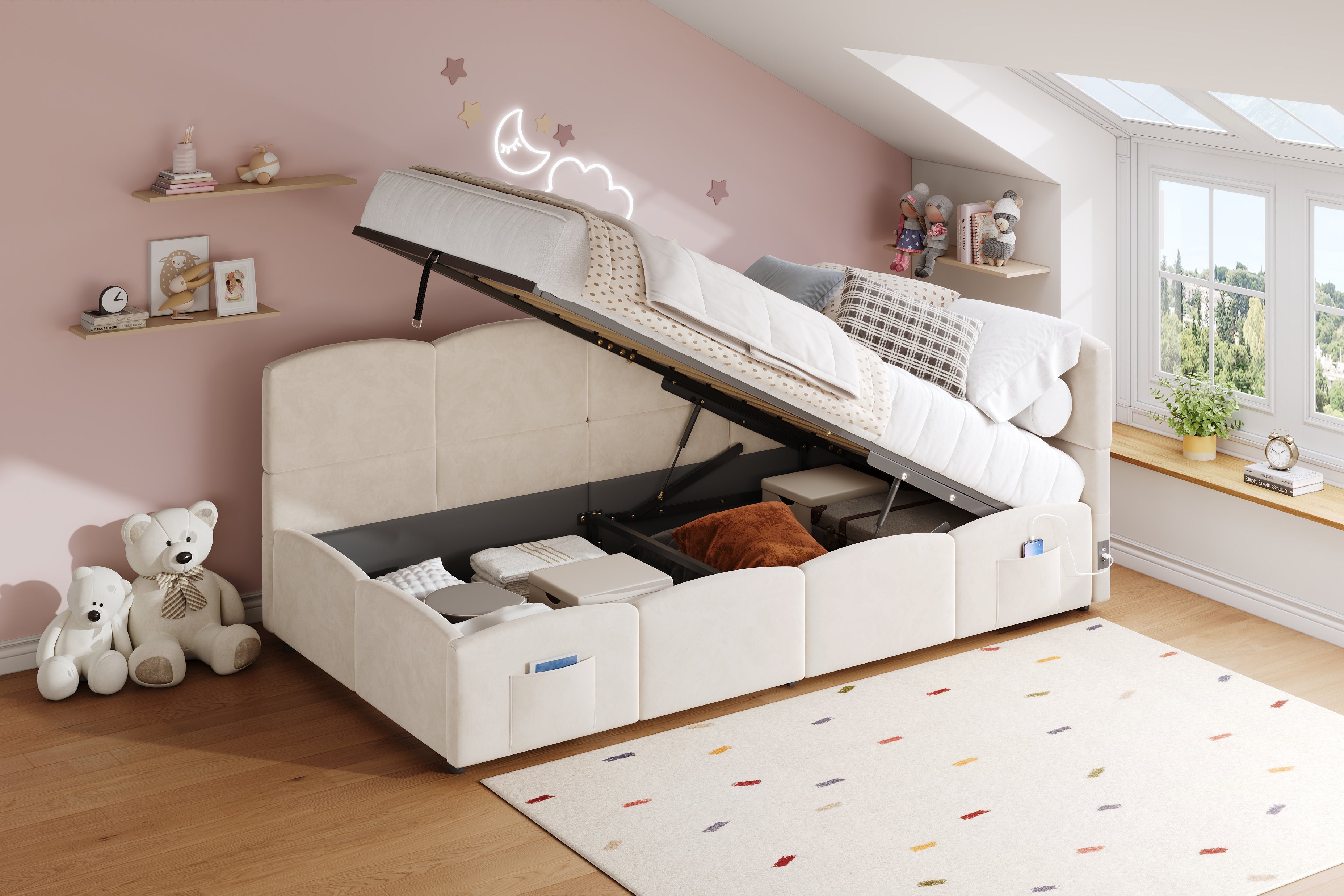 Logidon gestoffeerd bed 90x200 beige fluweel met opbergruimte