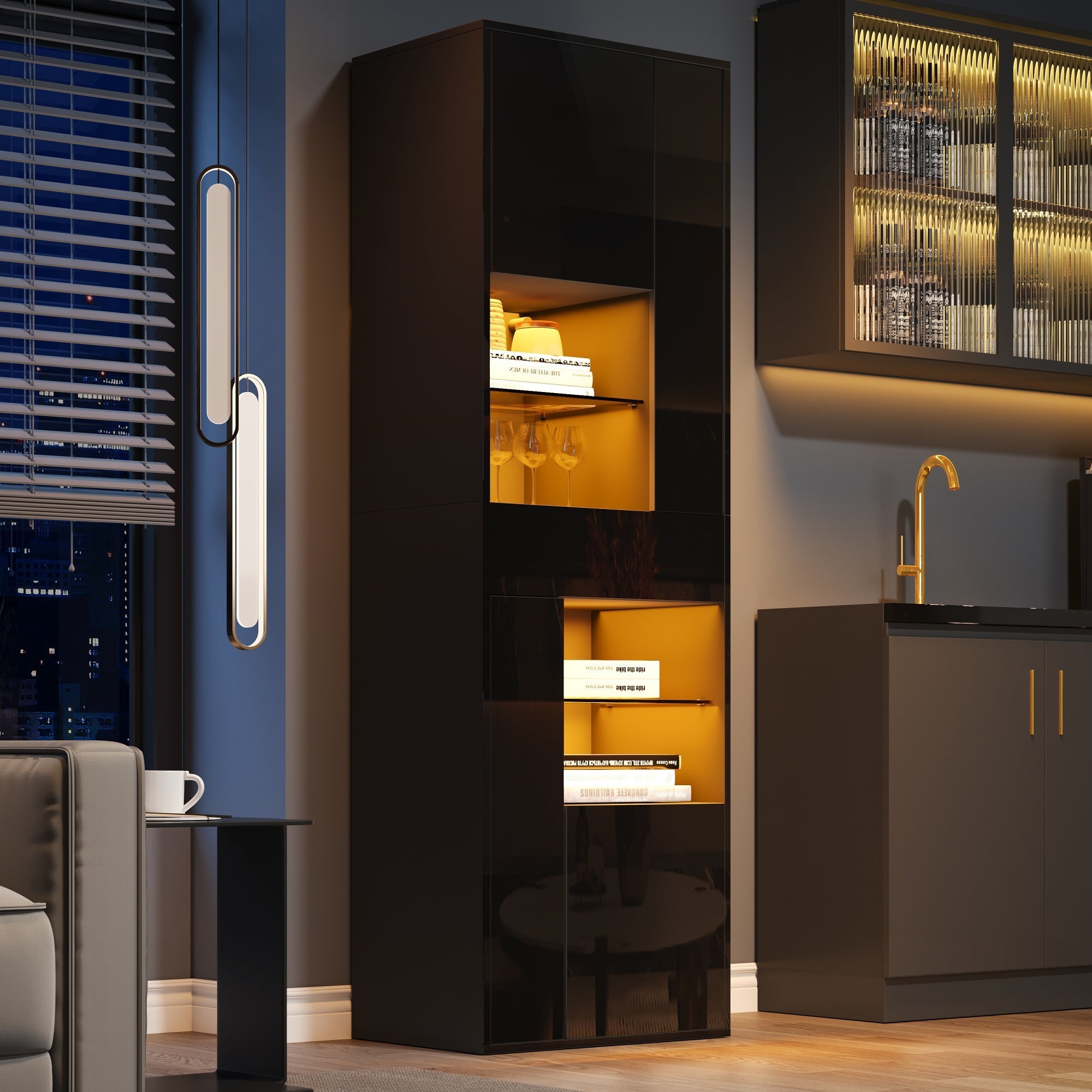 Logidon zwarte hoogglans glazen vitrine 55 x 38 x 170 cm LED-verlichting