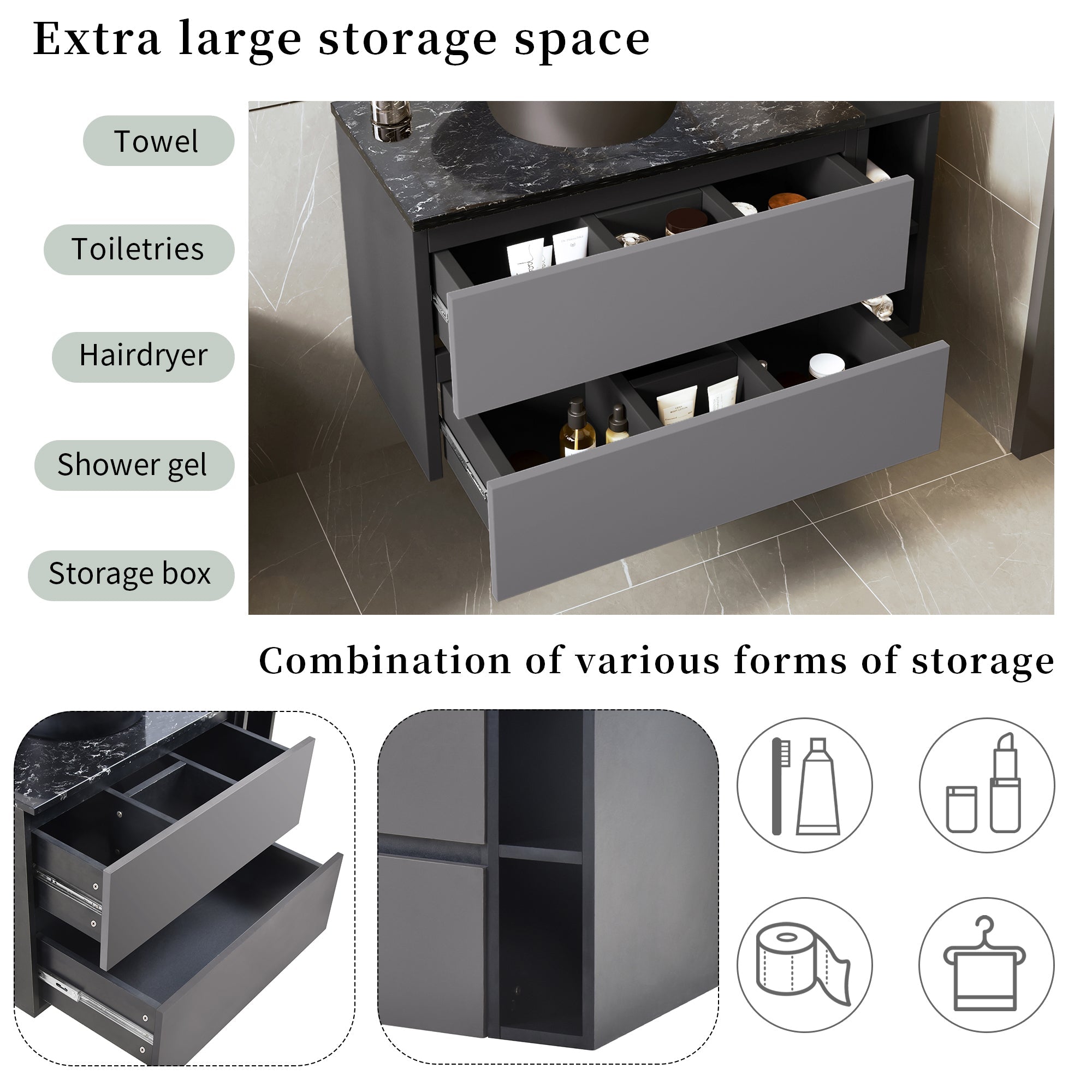 Logidon sink base cabinet hanging 80 cm black gray drawers