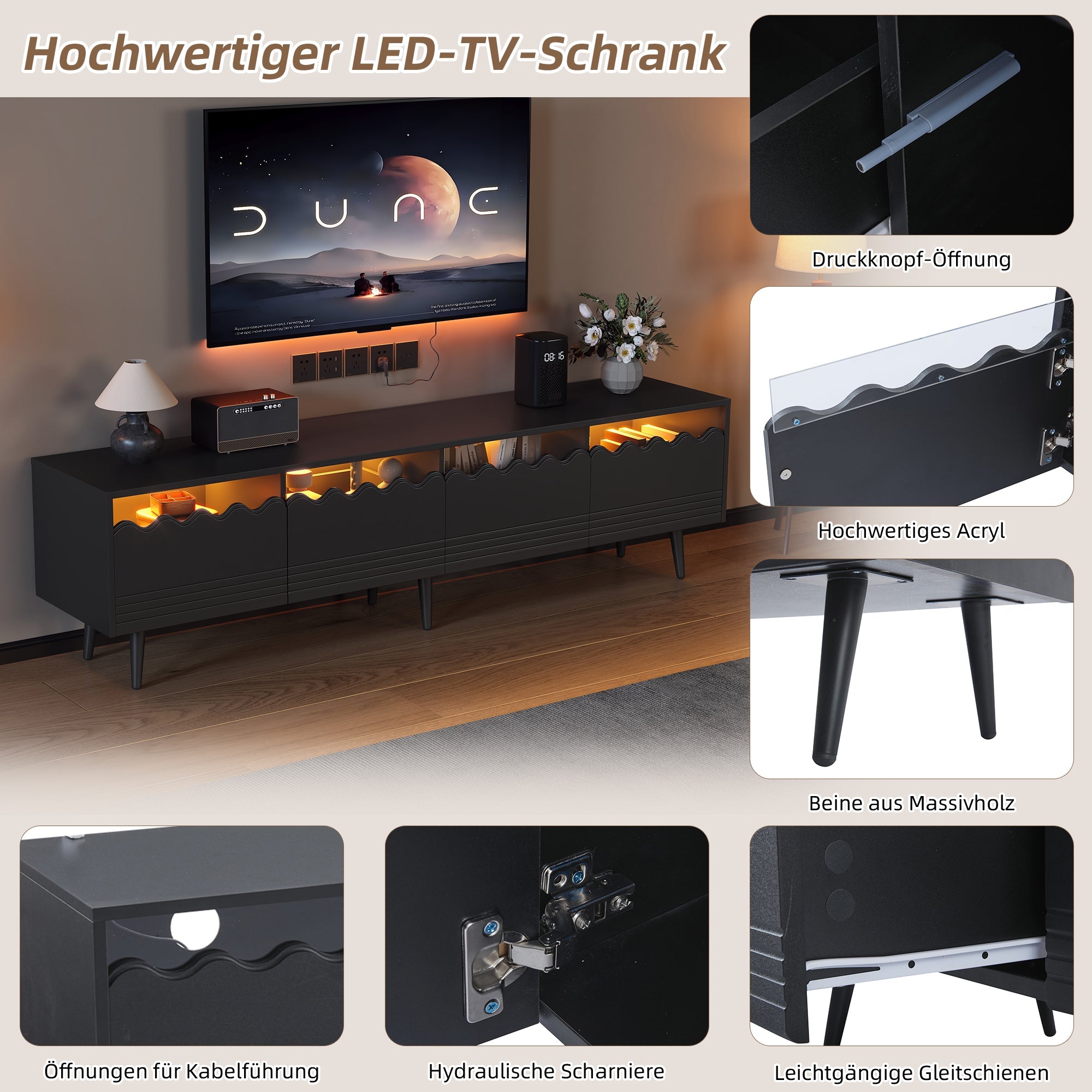 Logidon 176x38x45 cm zwart TV-lowboard met LED-verlichting