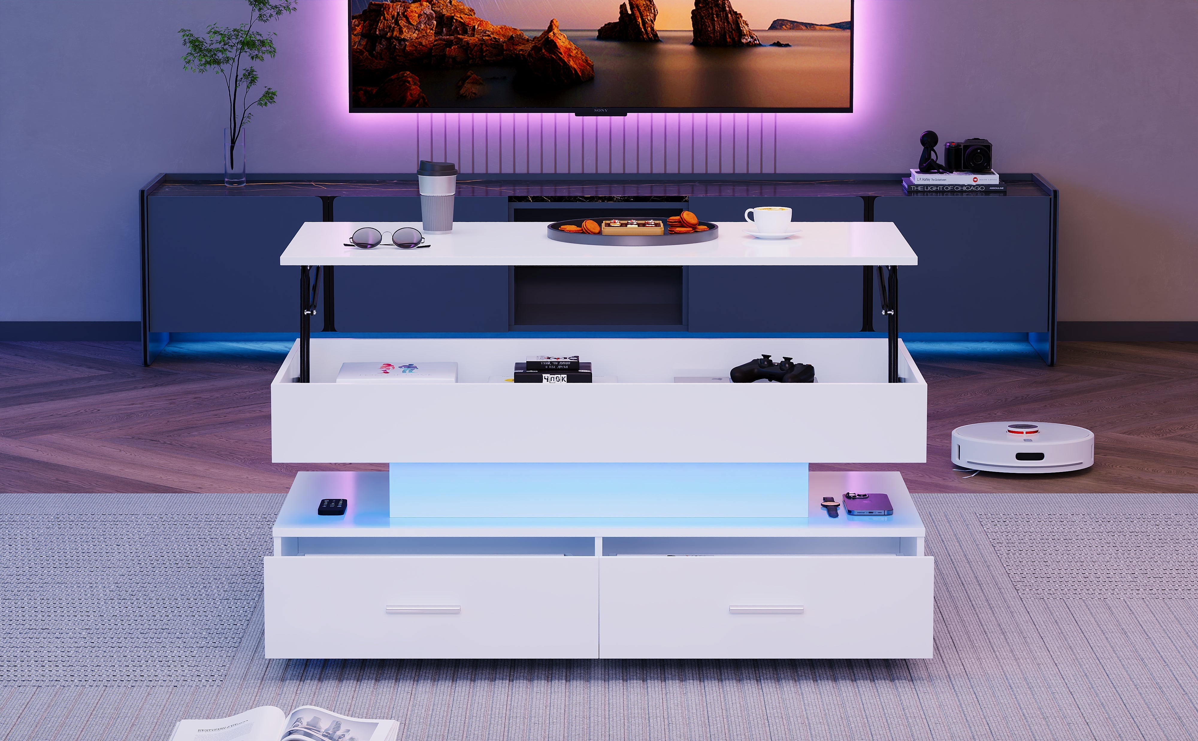 Logidon Hydraulisch in hoogte verstelbare salontafel 100x50x44 cm Wit LED