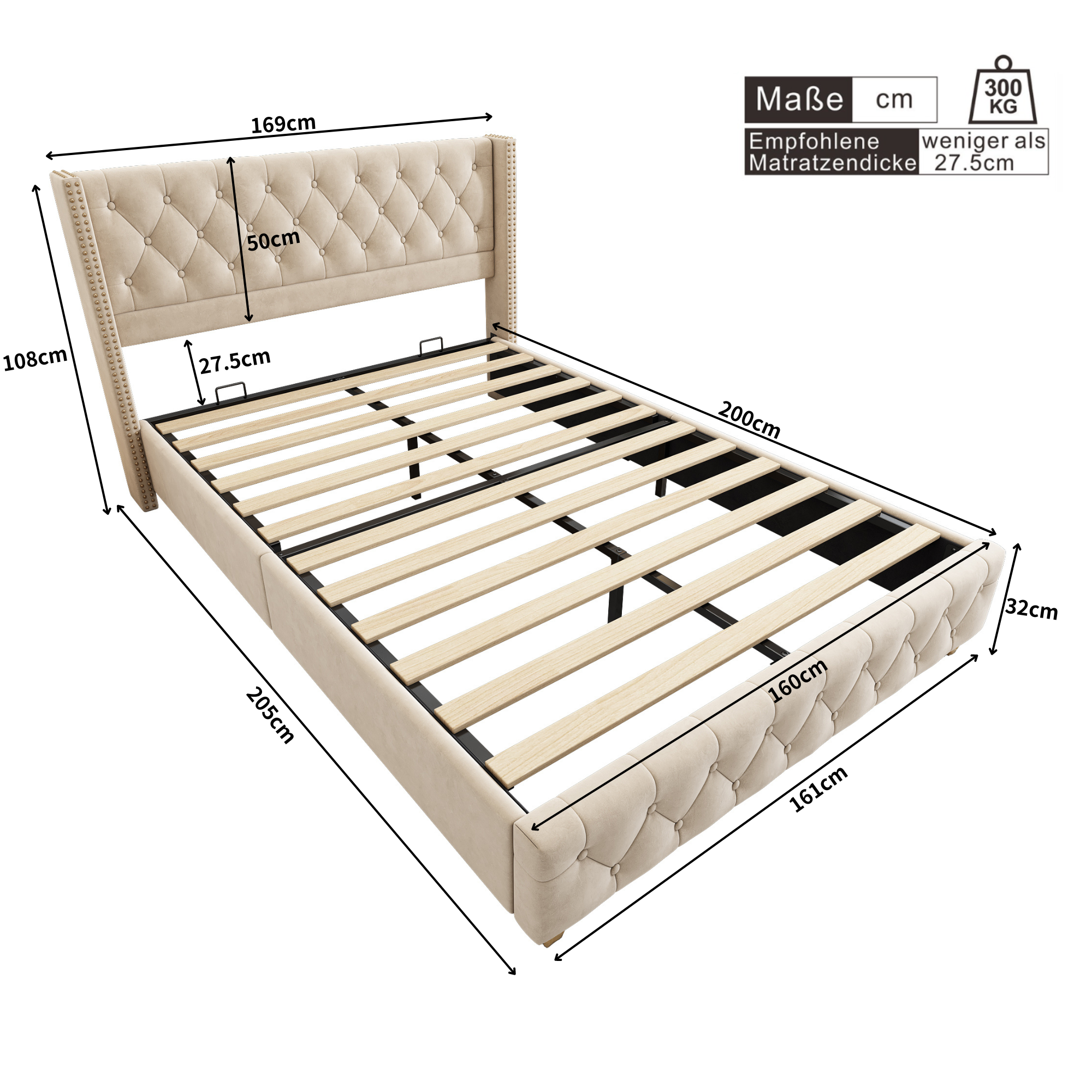 Logidon gestoffeerd bed 160x200 cm fluweel lichtbeige met lattenbodem