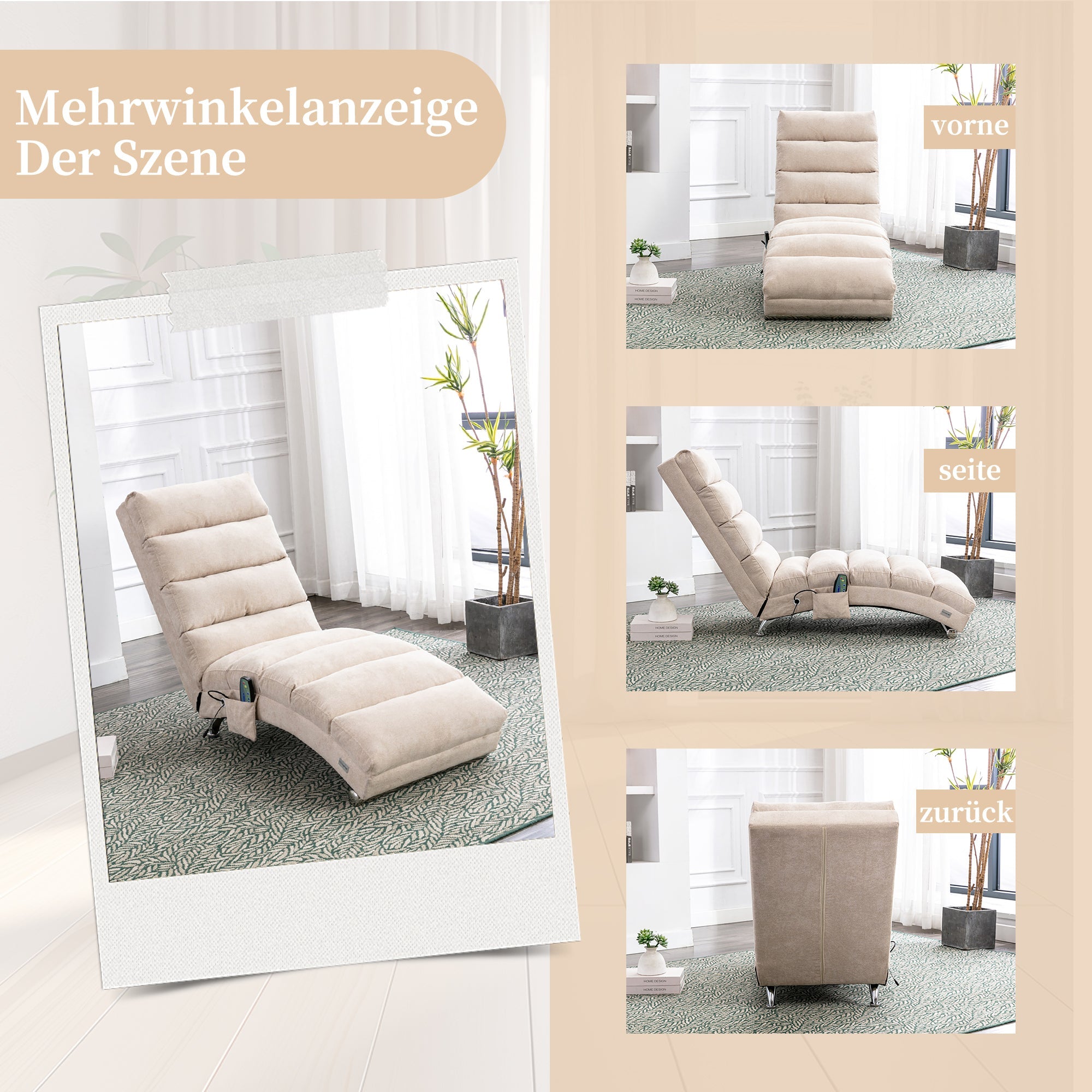 Logidon Linnen Massage Chaise Longue Beige met Afstandsbediening
