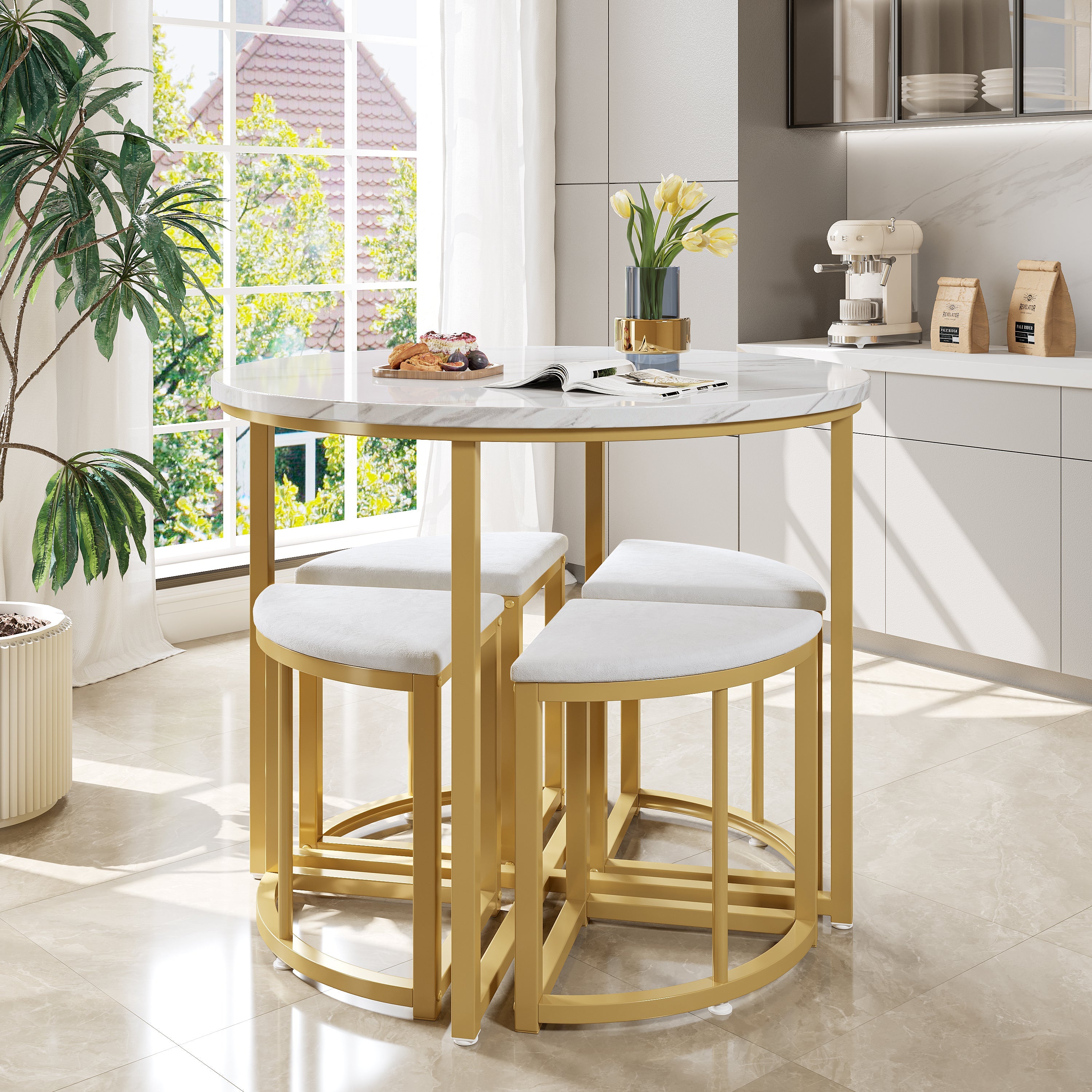 Logidon eetkamerset ronde tafel wit marmerlook goud frame 4 stoelen