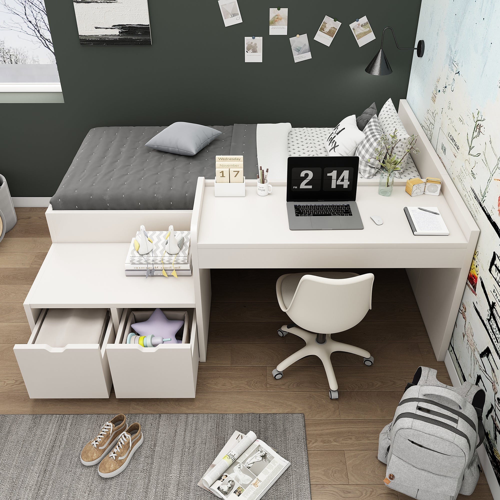 Logidon kinderbed 90x200 massief hout wit met bureau en opbergruimte