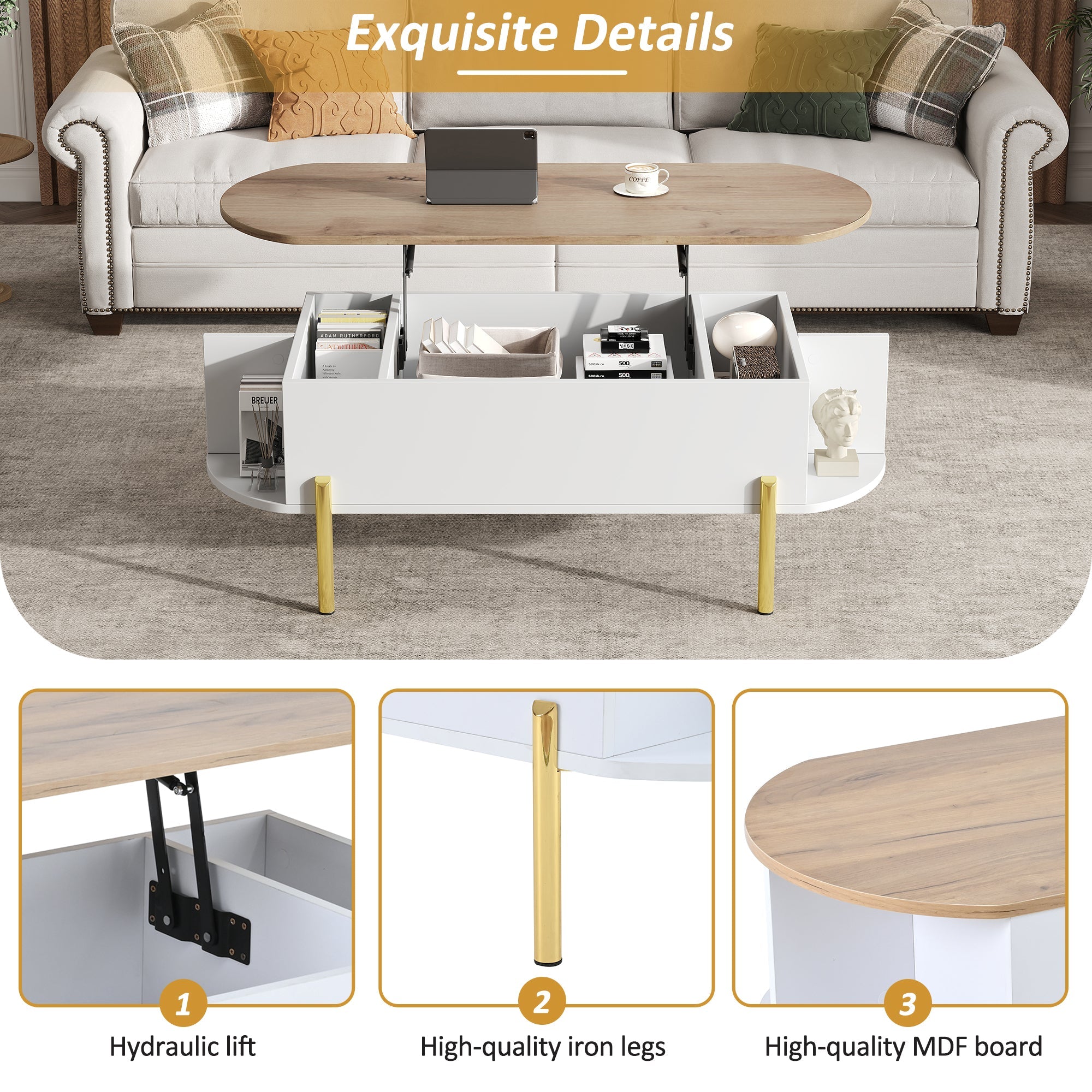 Logidon Verstelbare Salontafel 120x50x43 cm Met Opbergruimte Wit Hout