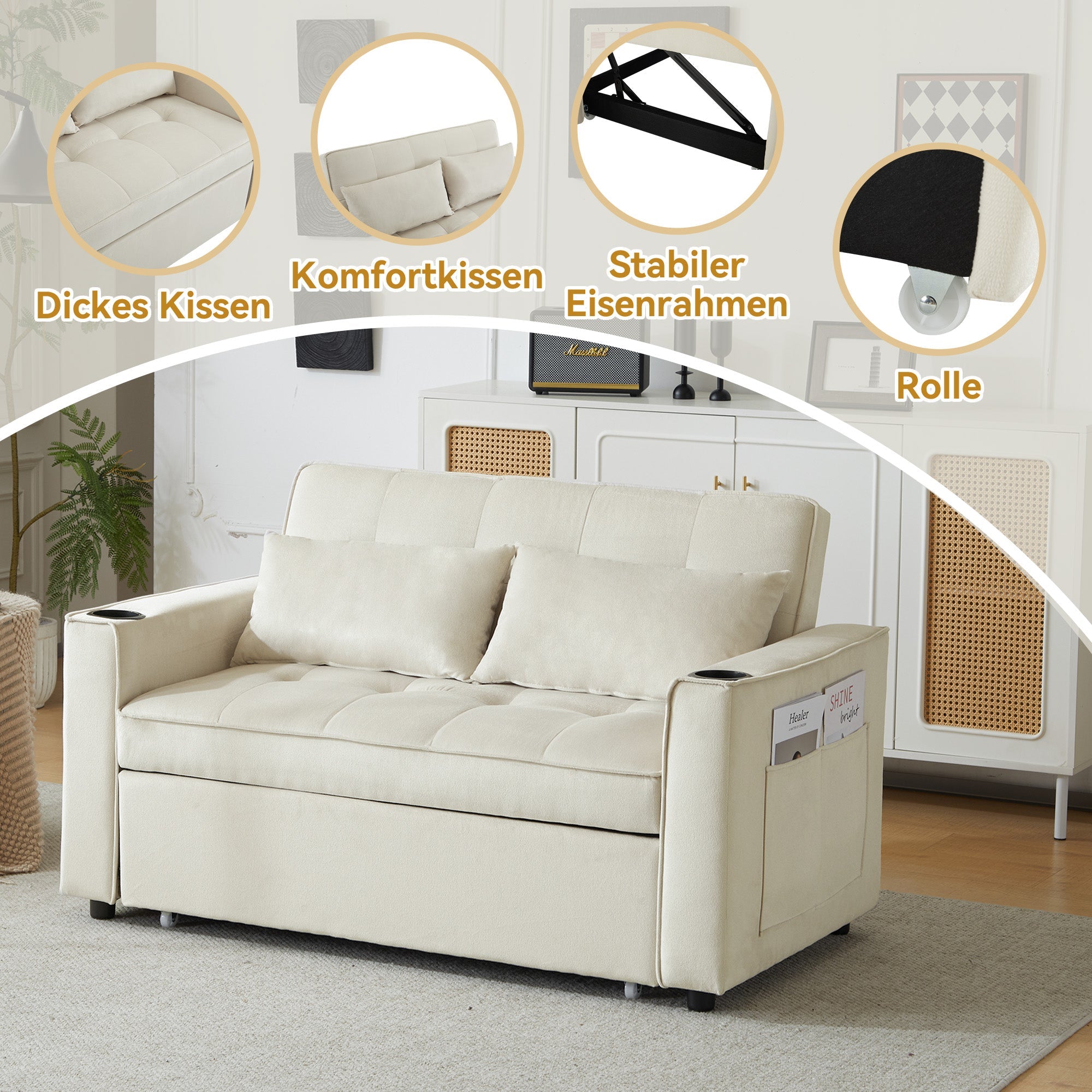 Logidon slaapbank beige fluweel met bekerhouder en kussen