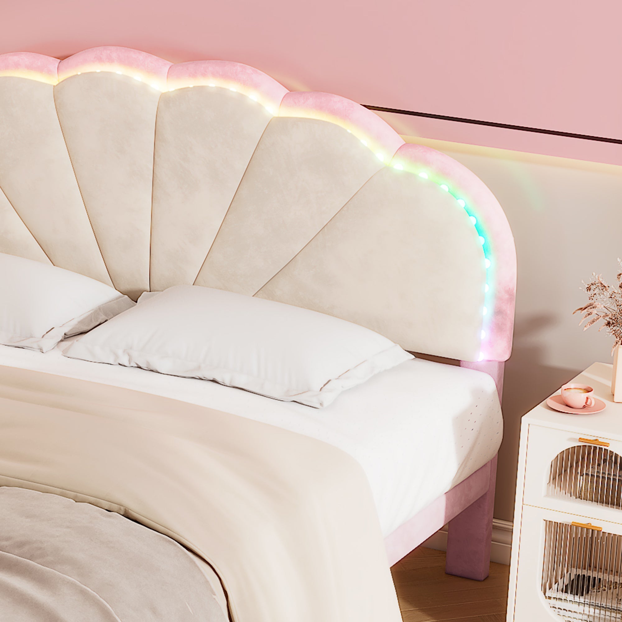 Logidon gestoffeerd bed 140x200 beige roze LED-lichtstrips