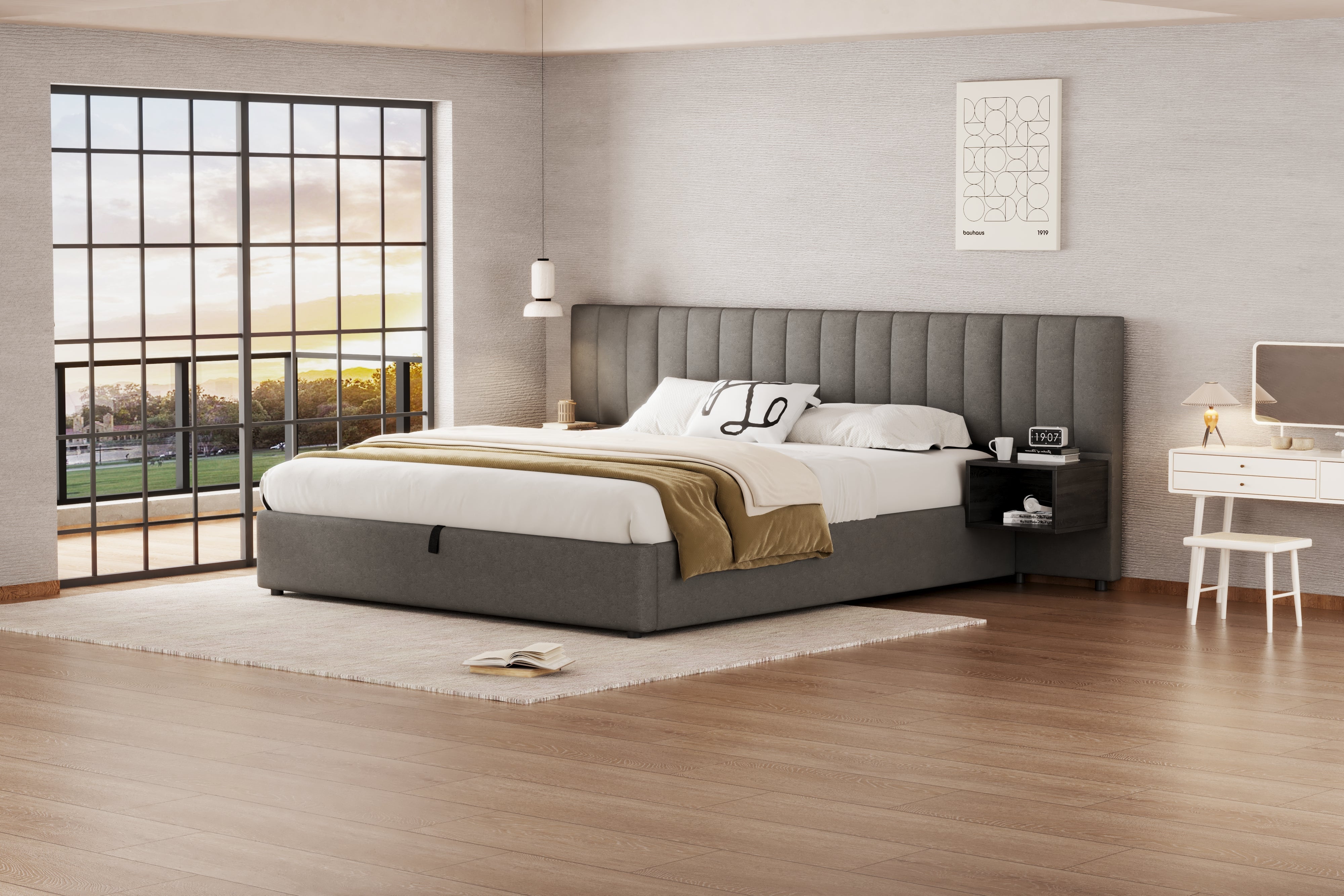 Logidon gestoffeerd bed 180x200 cm grijs zwart met twee nachtkastjes