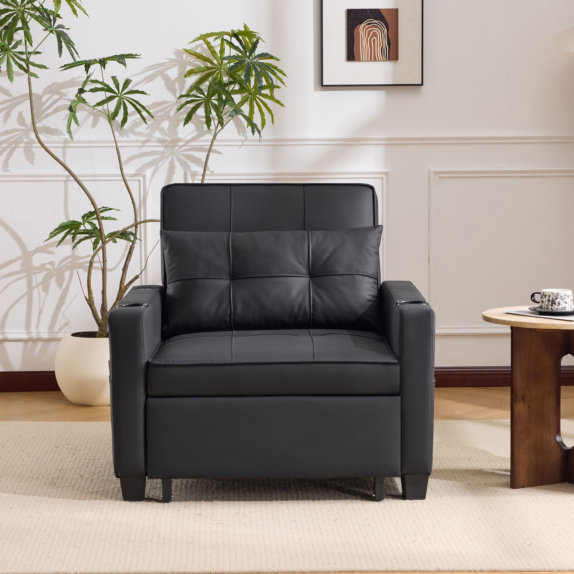 Logidon 3-in-1 uitschuifbare slaapbank, fauteuil, zwarte USB-bekerhouder
