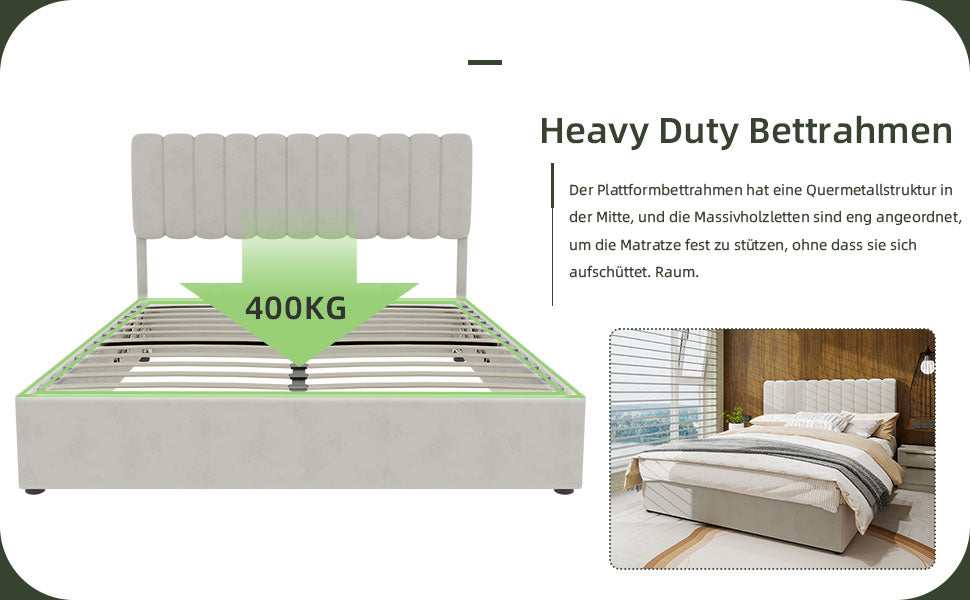 Logidon 160x200 cm gewatteerd bed beige met gasveer opbergruimte