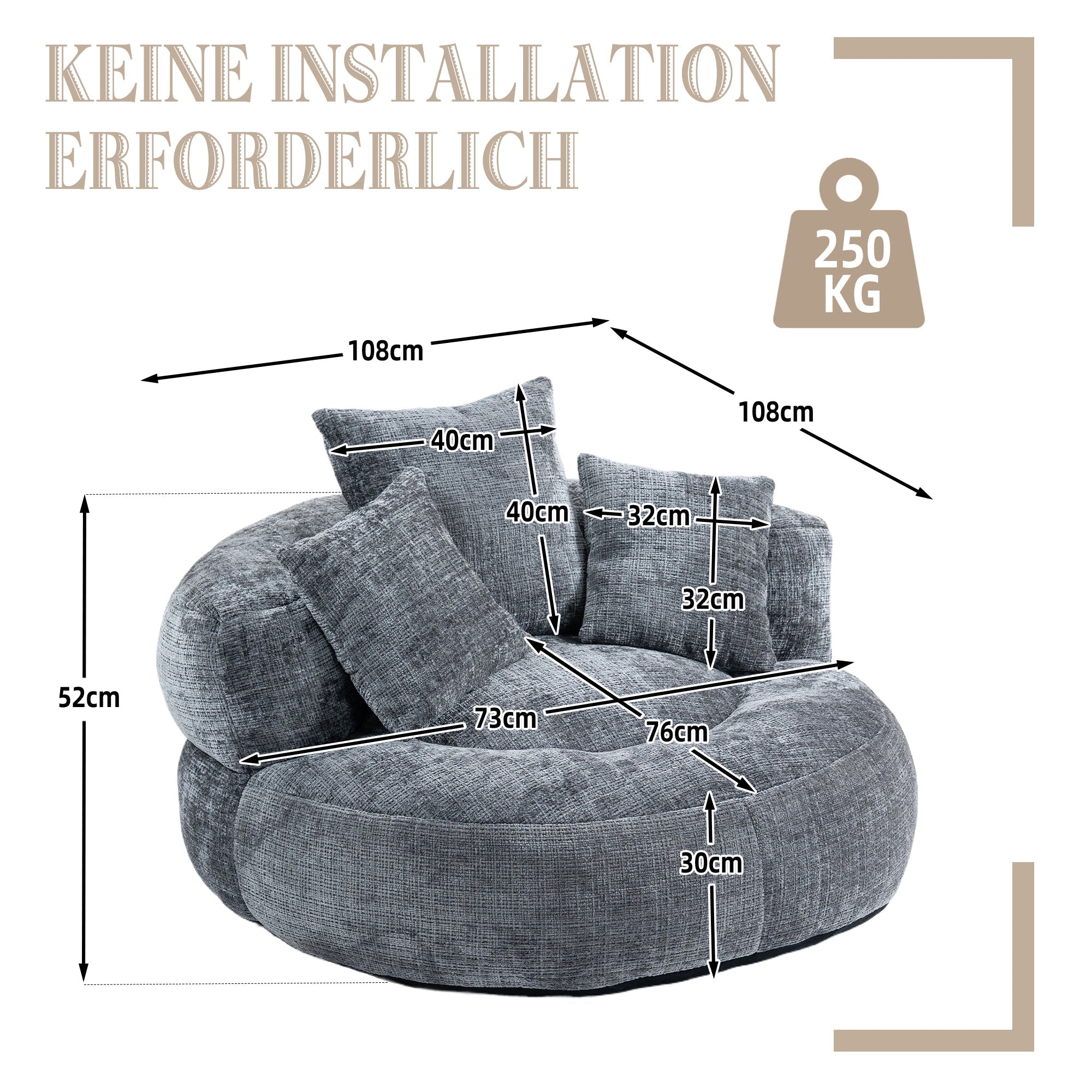 Logidon Lazy Sofa Chenille Grijs Zitzak met hoge rugleuning Lounge
