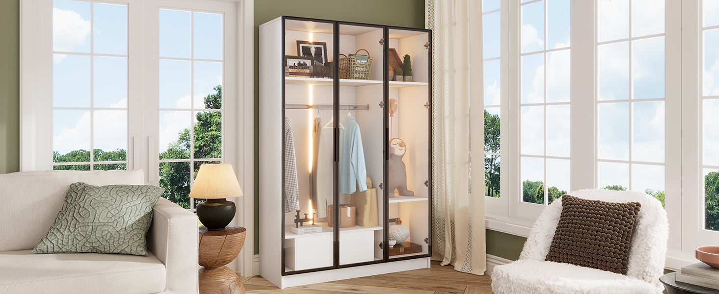 Logidon Witte kledingkast 110x50x160 cm met 3 glazen deuren LED