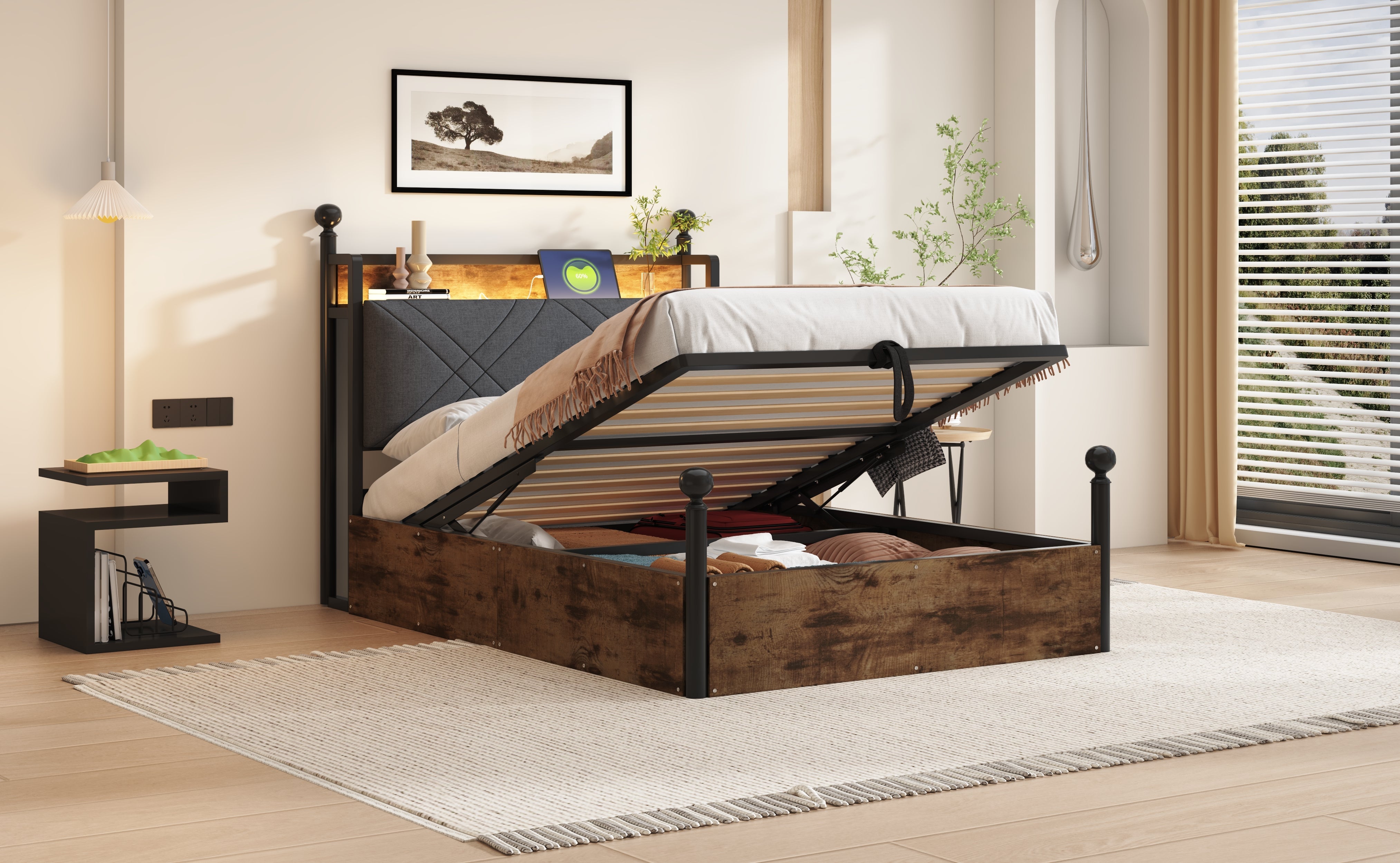 Logidon hemelbed 90x190 zwart met opbergruimte hydraulisch LED USB-C