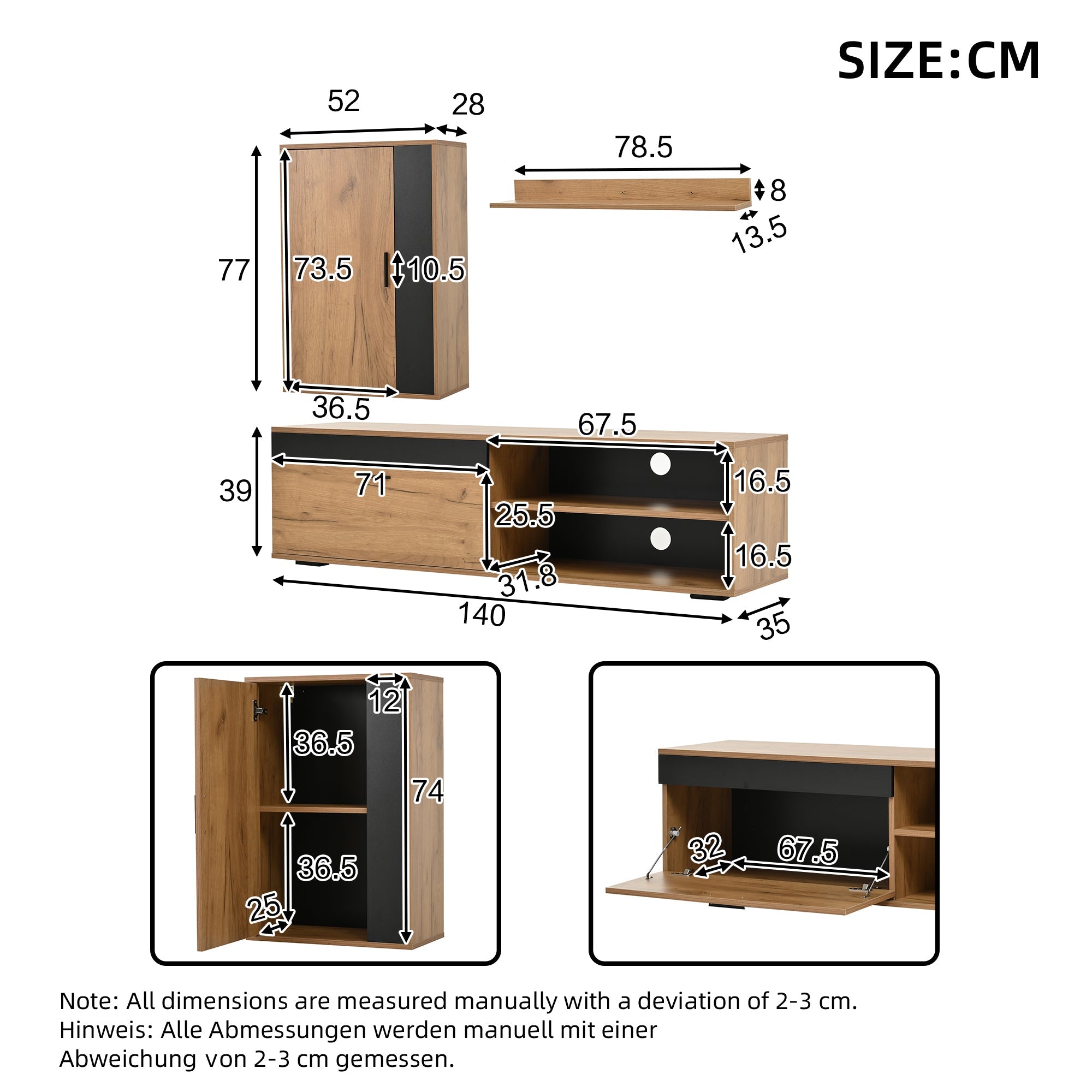 Logidon TV wandmeubelset 140 cm driedelig hout zwart