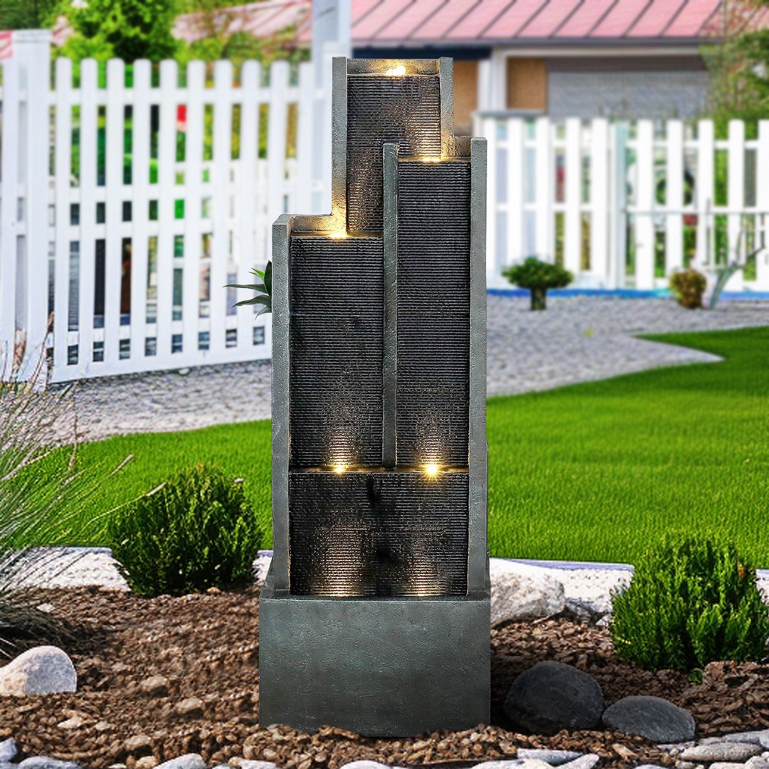 Logidon 128 cm moderne waterfontein gemaakt van polyresin zwarte LED