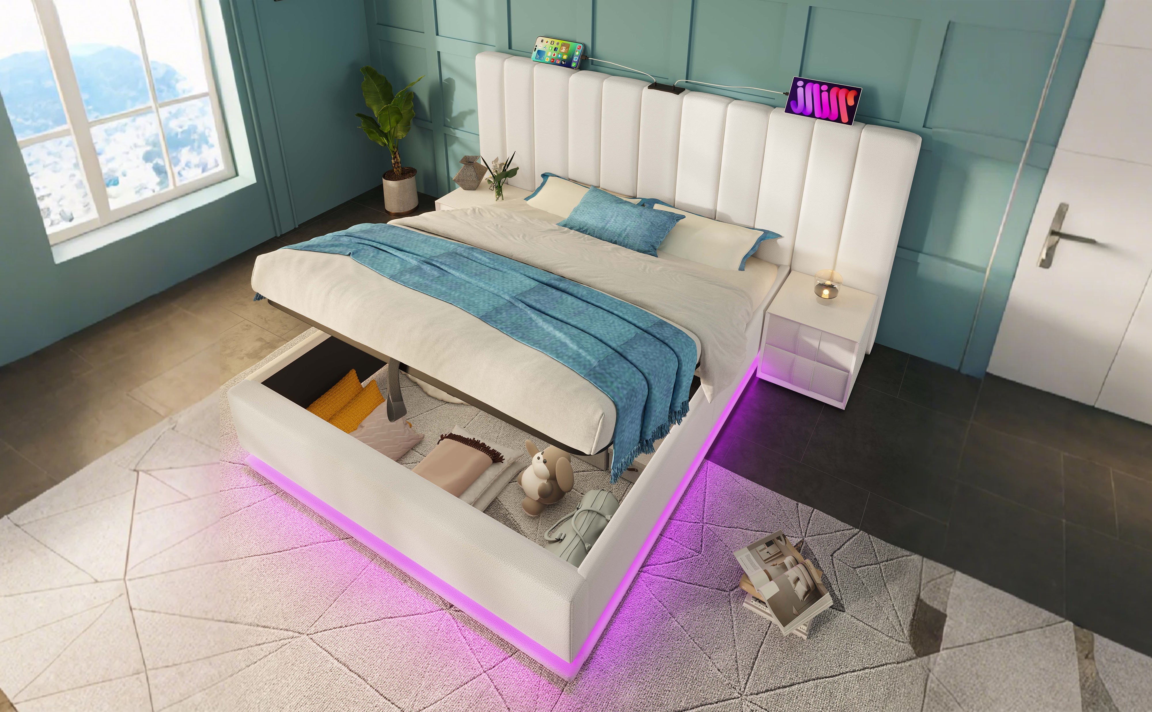 Logidon gestoffeerd bed 180x200 wit met opbergruimte LED app-bedieningsmatras
