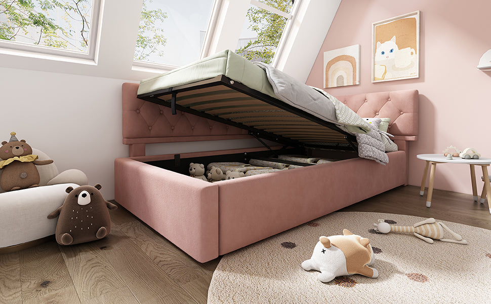 Logidon slaapbank 90x190 roze fluweel met hydraulische opbergruimte