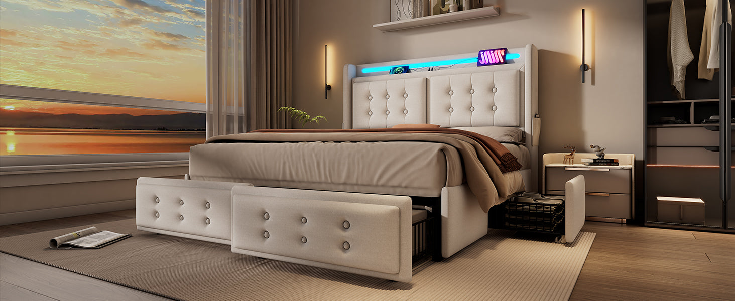 Logidon gestoffeerd bed 160x200 beige LED-hoofdbord USB-C oplaadfunctie
