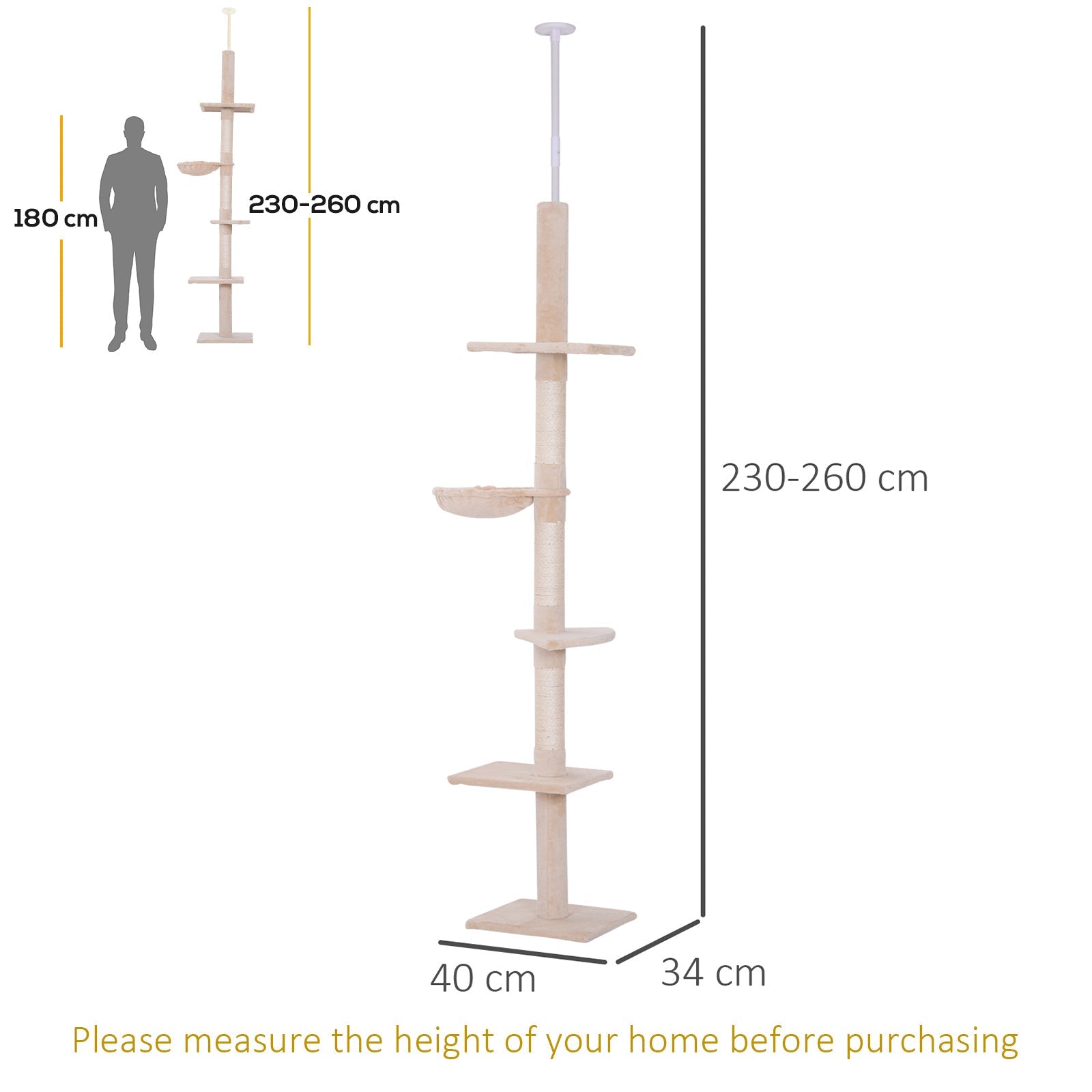 Logidon Plafondhoge Verstelbare Kattenkrabpaal 230-260 cm Beige