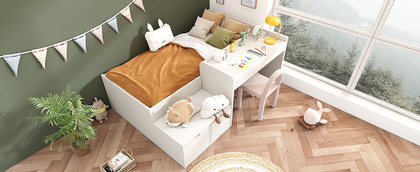 Logidon kinderbed 90x200 massief hout wit met bureau en opbergruimte
