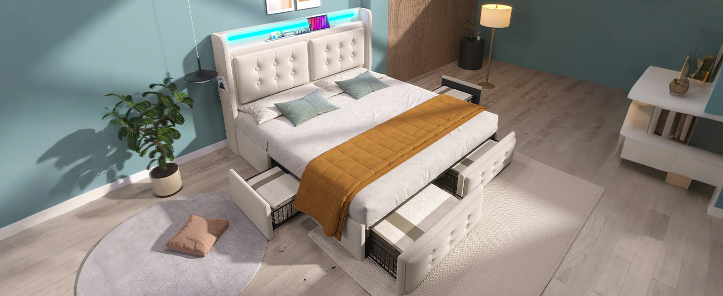 Logidon gestoffeerd bed 160x200 beige LED-hoofdbord USB-C oplaadfunctie