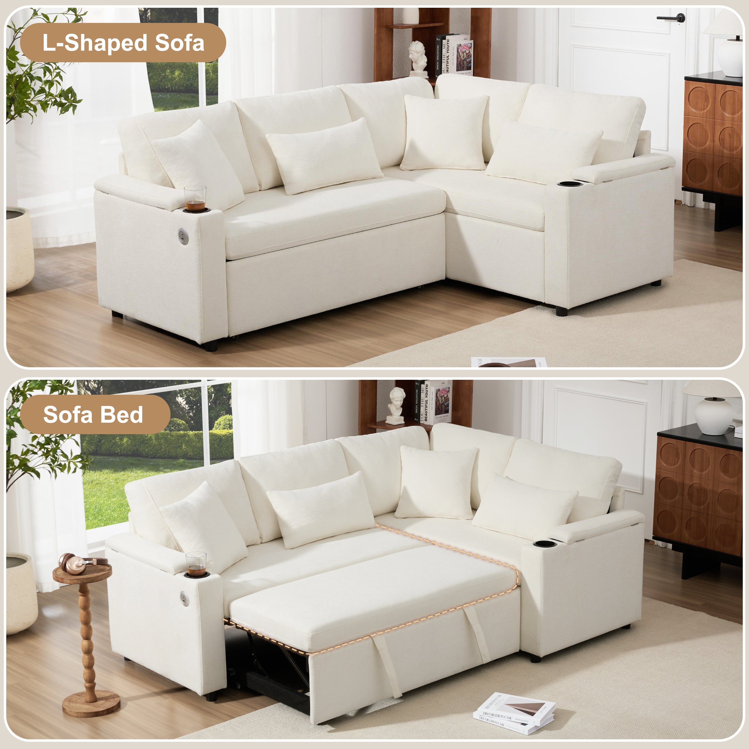 Logidon L-vorm hoekbank beige slaapbank opbergruimte USB-oplaadpoort
