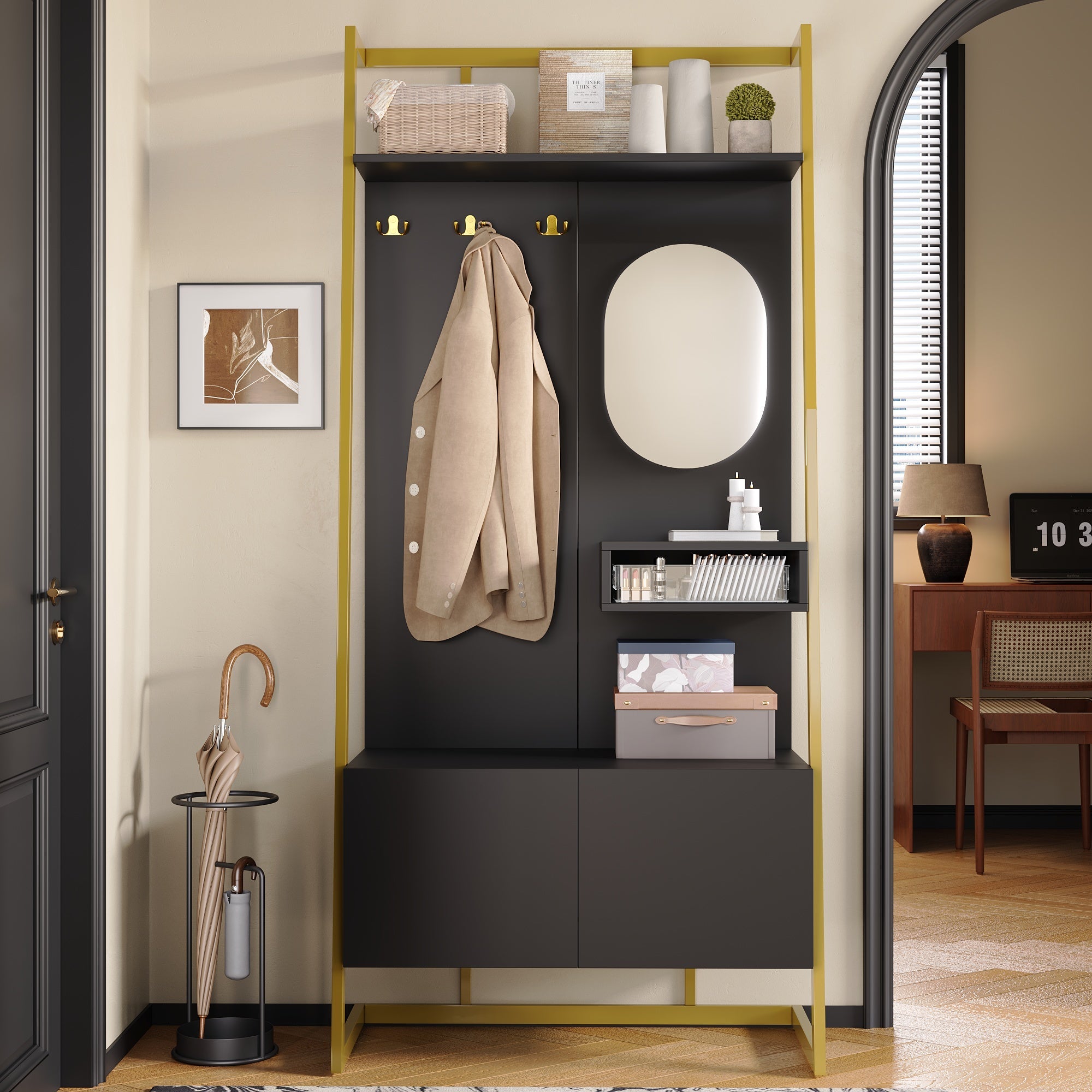 Logidon Modern Compact Wardrobe Box Mirror Shoe Bench Black 78 x 38.5 x 180.5 cm
