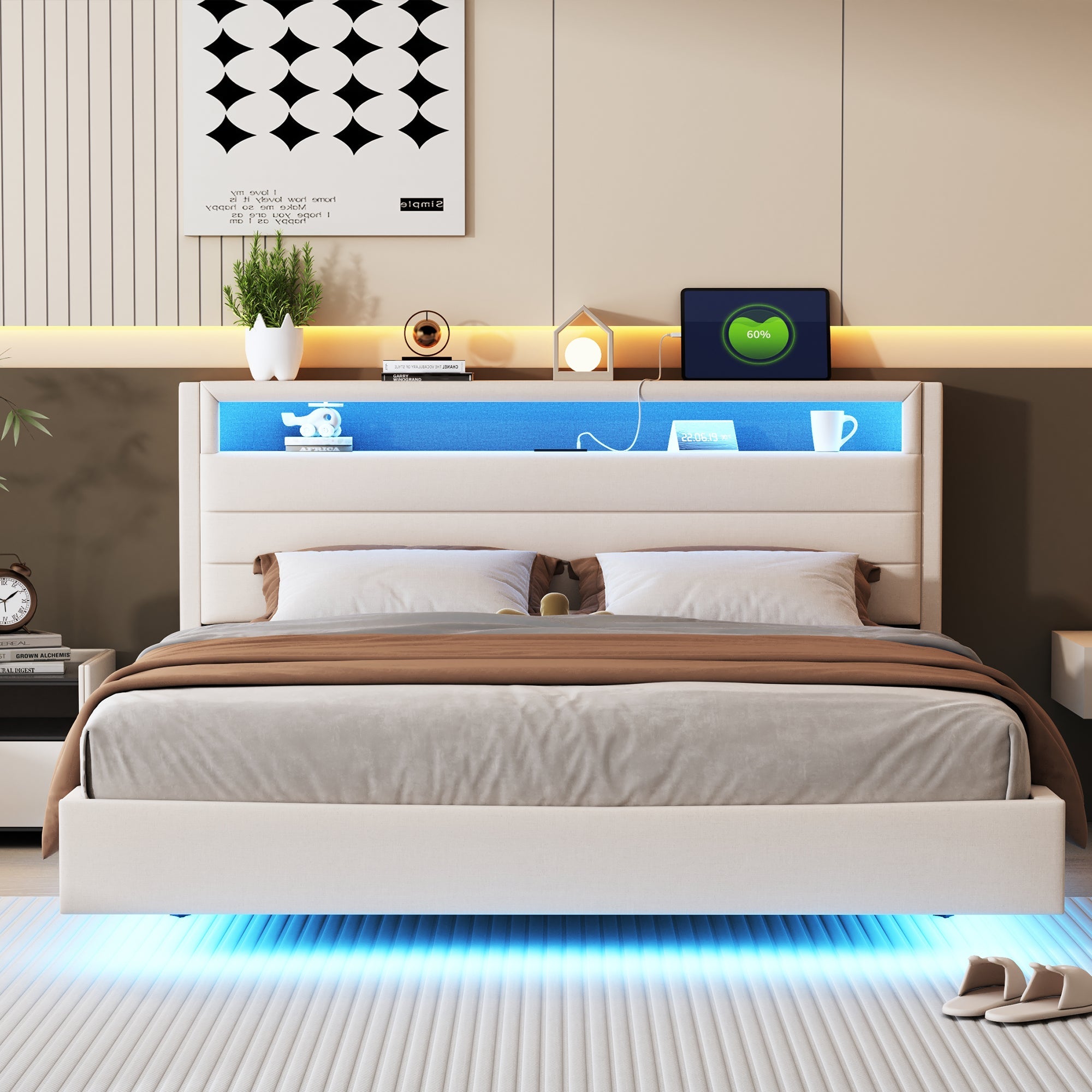 Logidon gestoffeerd bed 160x200 beige met USB-aansluiting en LED-verlichting