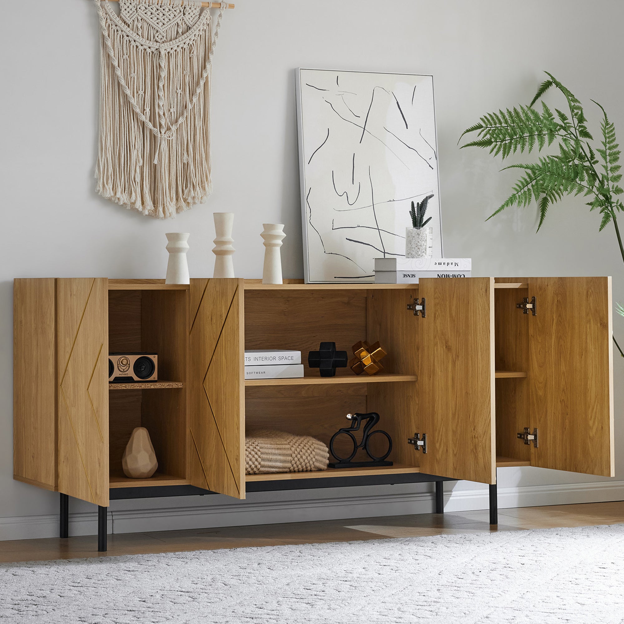 Logidon dressoir naturel hout met metalen inleg en 4 deuren 160 x 40 cm